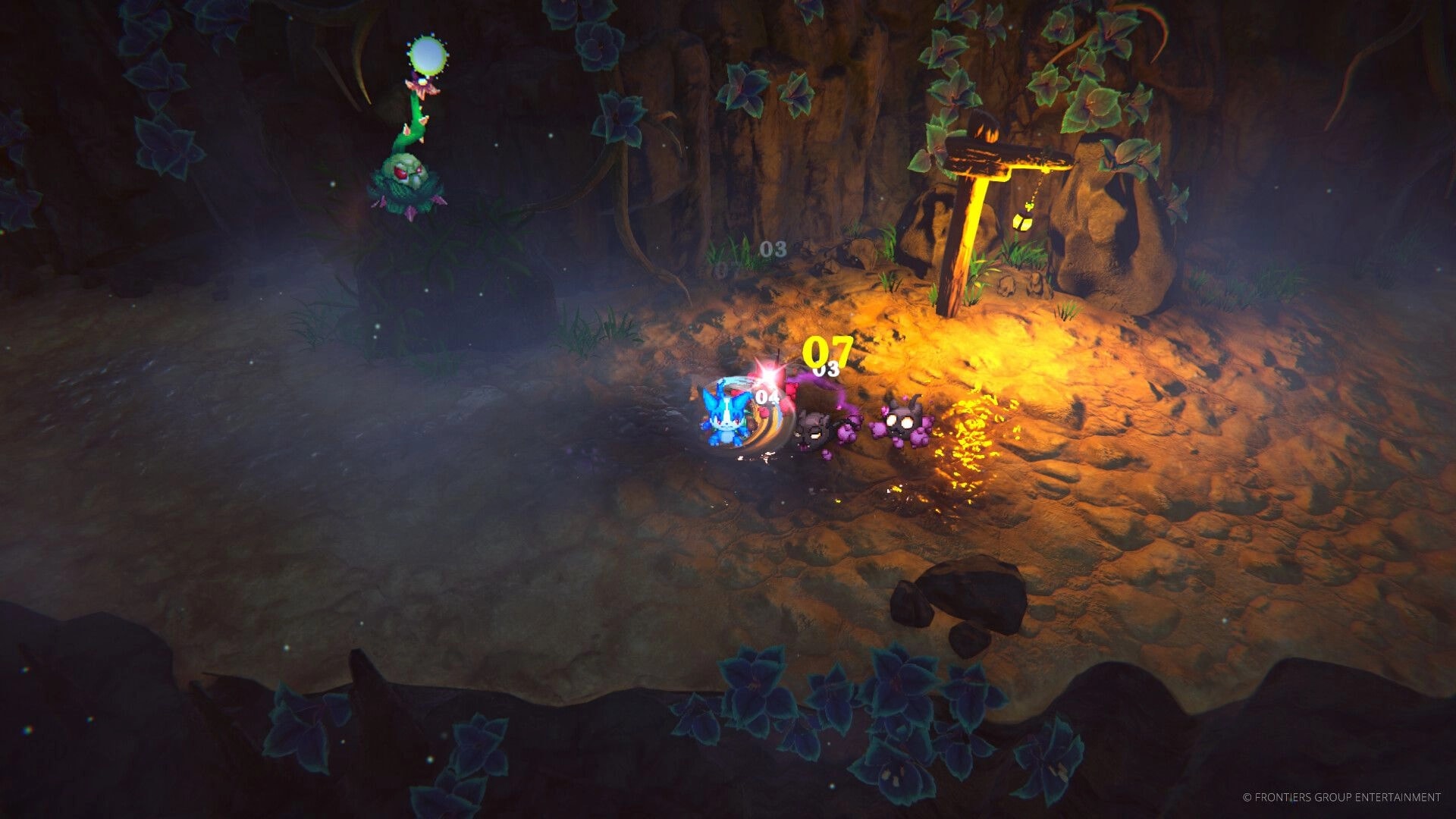 EDEN’S FRONTIER™: Bluveil slashes purple critters as damage numbers pop in a torchlit cave clearing.
