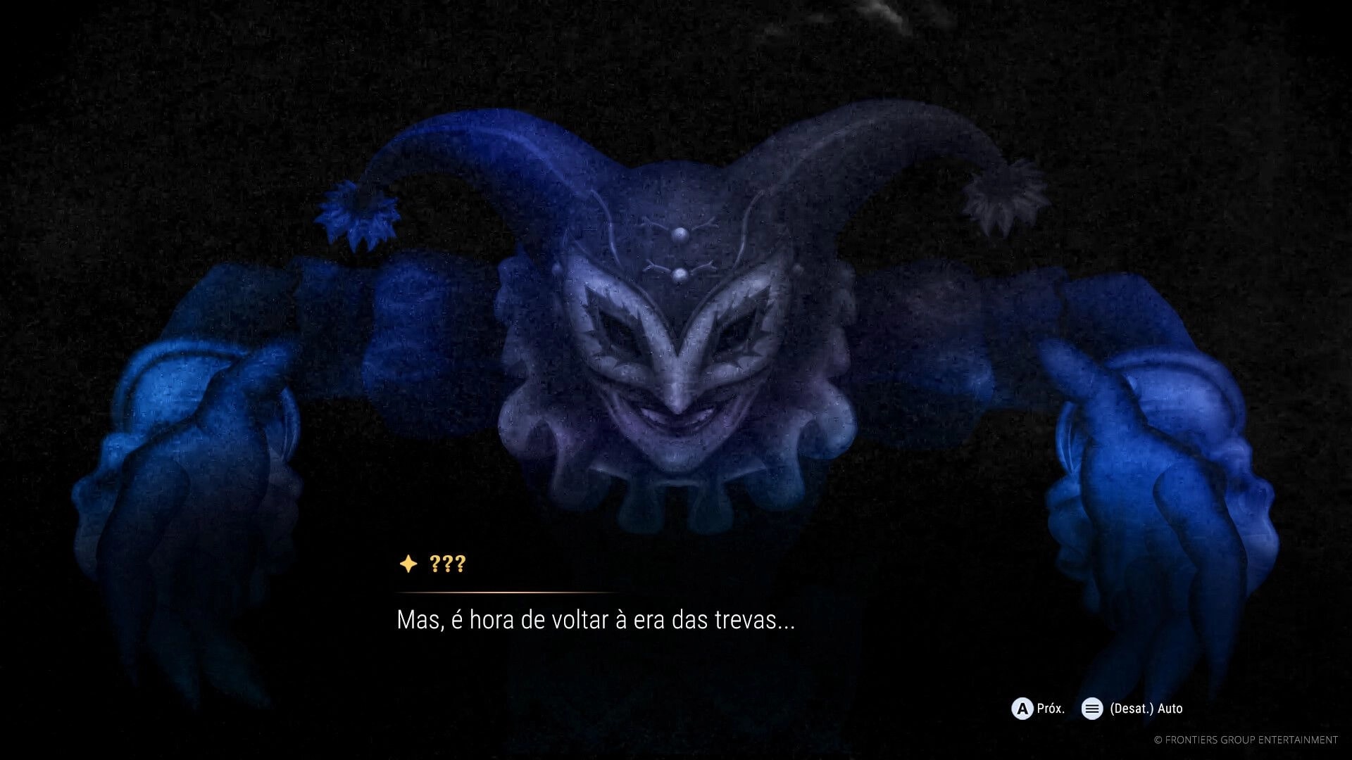EDEN’S FRONTIER™: Menacing jester-like boss looms in darkness during dialogue scene with subtitle UI.