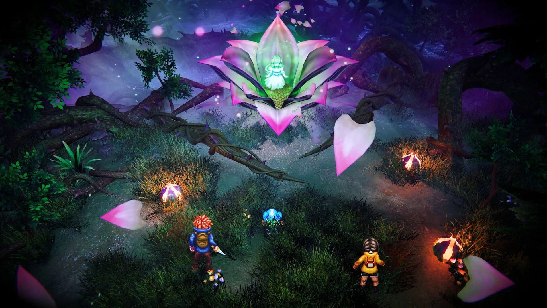 EDEN’S FRONTIER™: Two adventurers face a glowing flower spirit in a misty forest clearing at night.