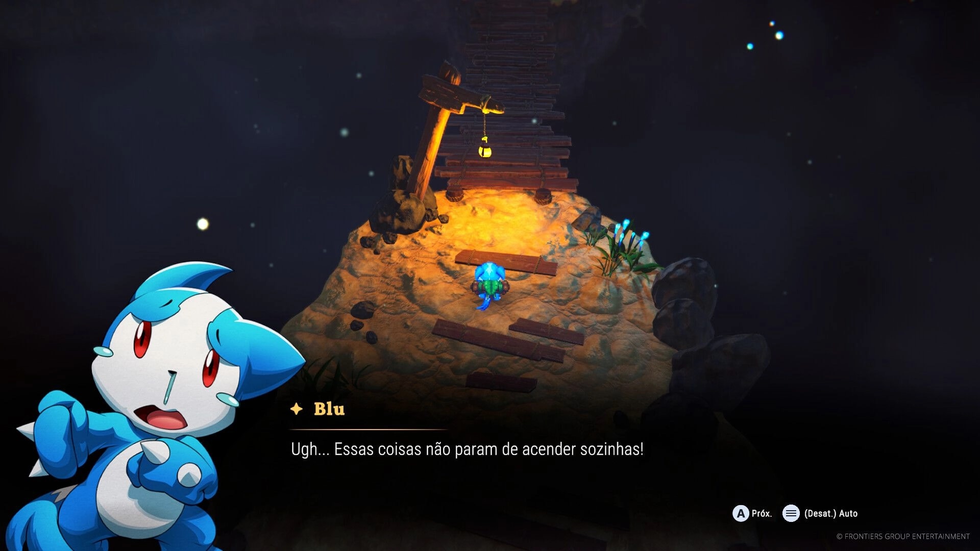 EDEN’S FRONTIER™: Blu dialogue box as the player stands by a lantern-lit wooden bridge at night.