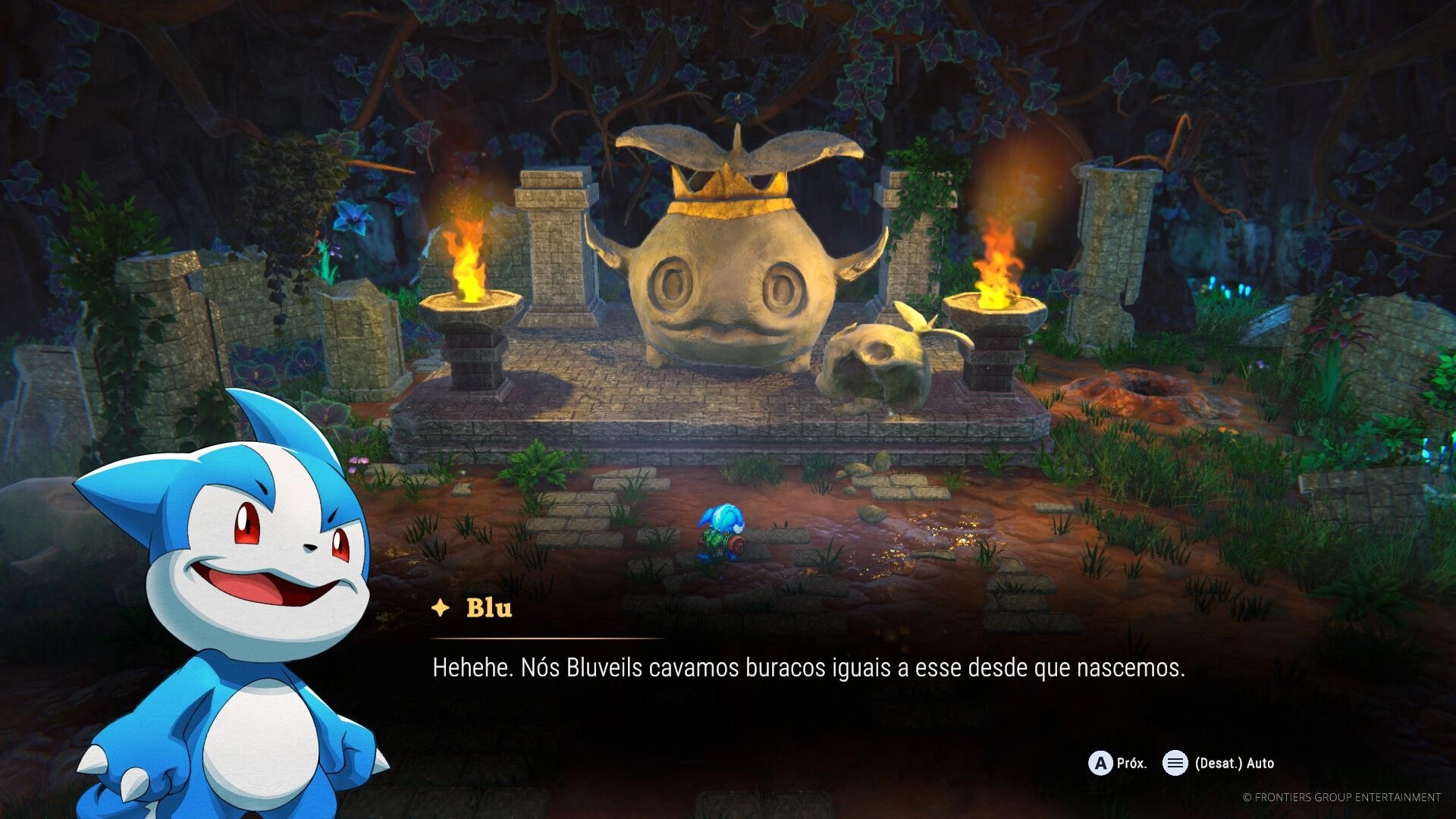EDEN’S FRONTIER™: Blu dialogue portrait over ruins with torchlit stone statue in jungle shrine scene.