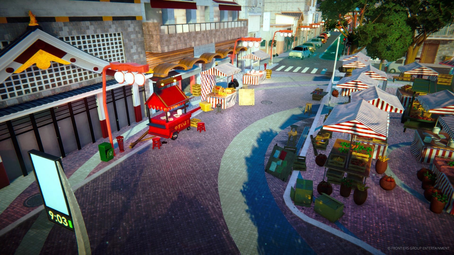 EDEN’S FRONTIER™: Empty street market with striped stalls and food cart along a sunlit city road.