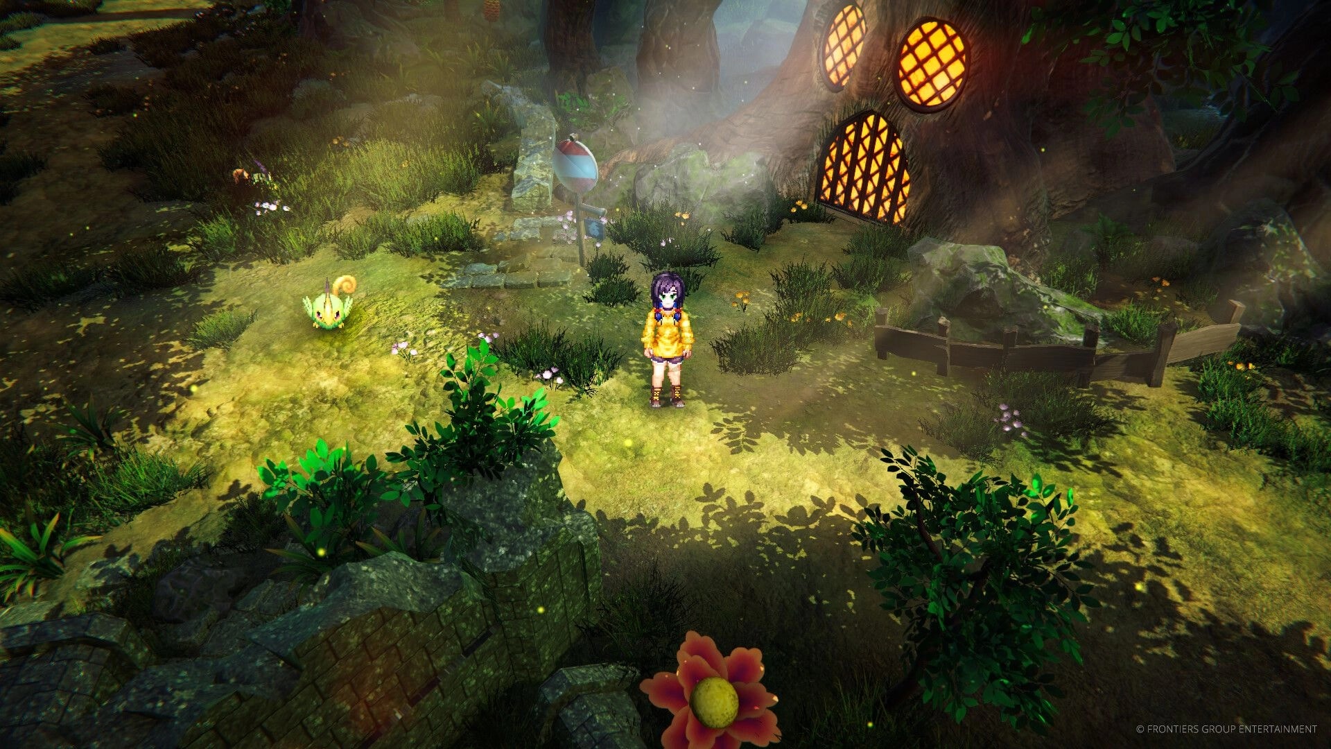EDEN’S FRONTIER™: Player character stands by a tiny creature near a treehouse in a sunlit glade.
