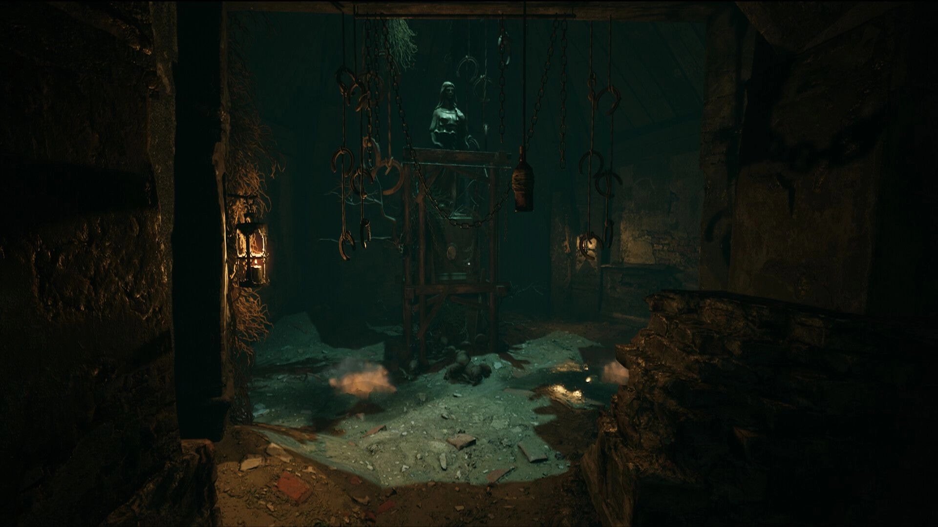 Edge Of Evil: Suspended chains and a statue in a dimly lit crypt, creating a haunting atmosphere