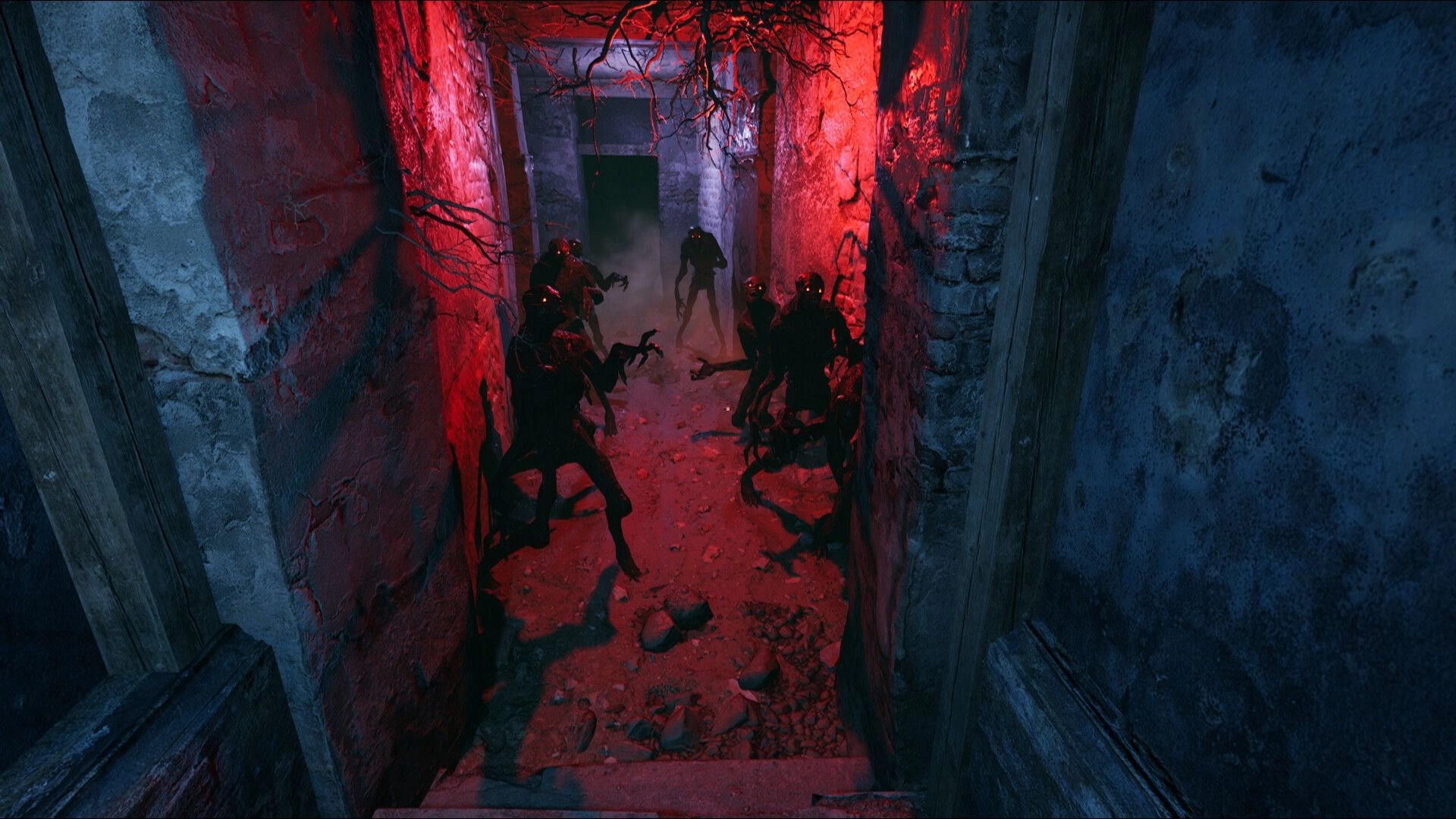 Edge Of Evil: Dark creatures with glowing eyes emerging from red-lit crypt hallway
