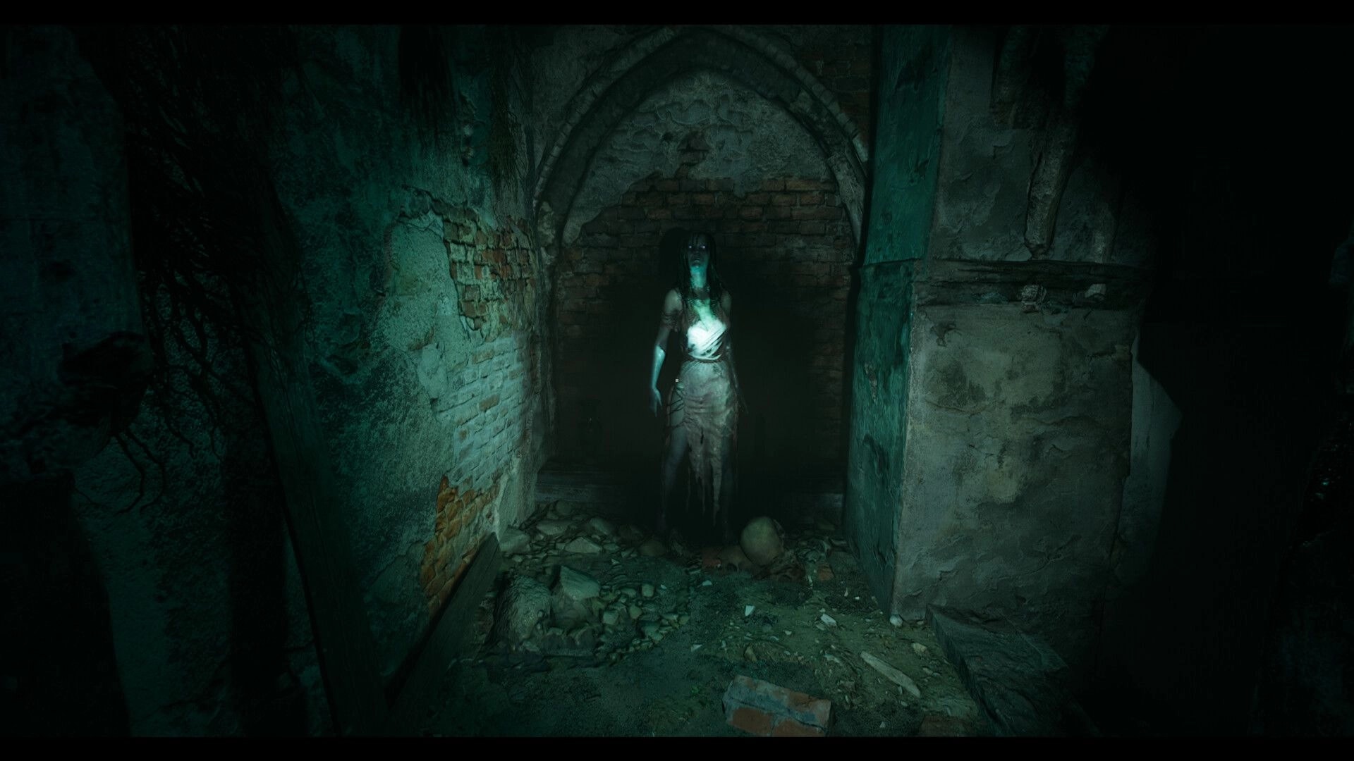 Edge Of Evil: Ghostly figure emerges from crypt shadows in decayed stone chamber filled with debris