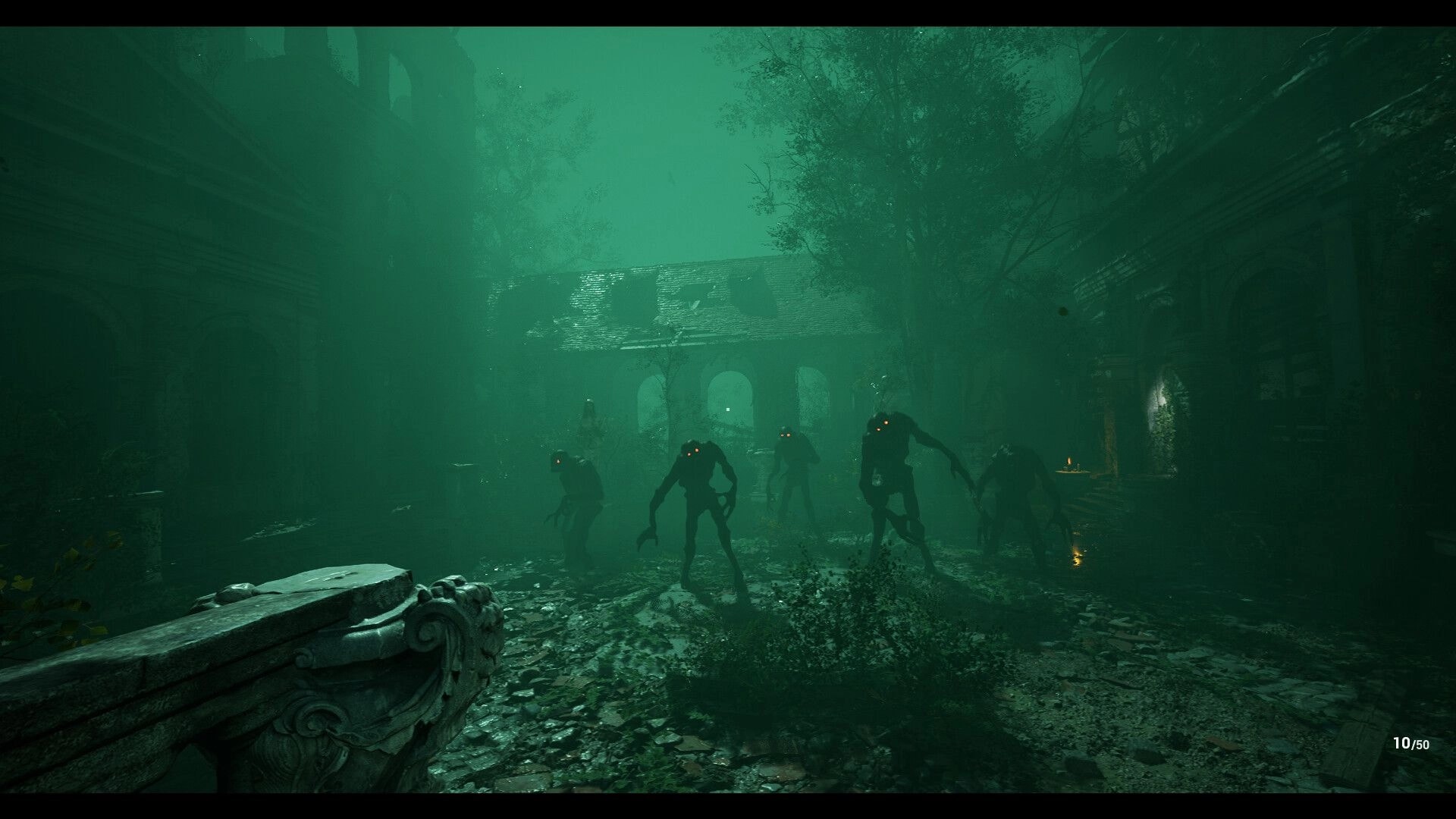 Edge Of Evil: Dark creatures with glowing eyes advancing in a misty, overgrown courtyard at night