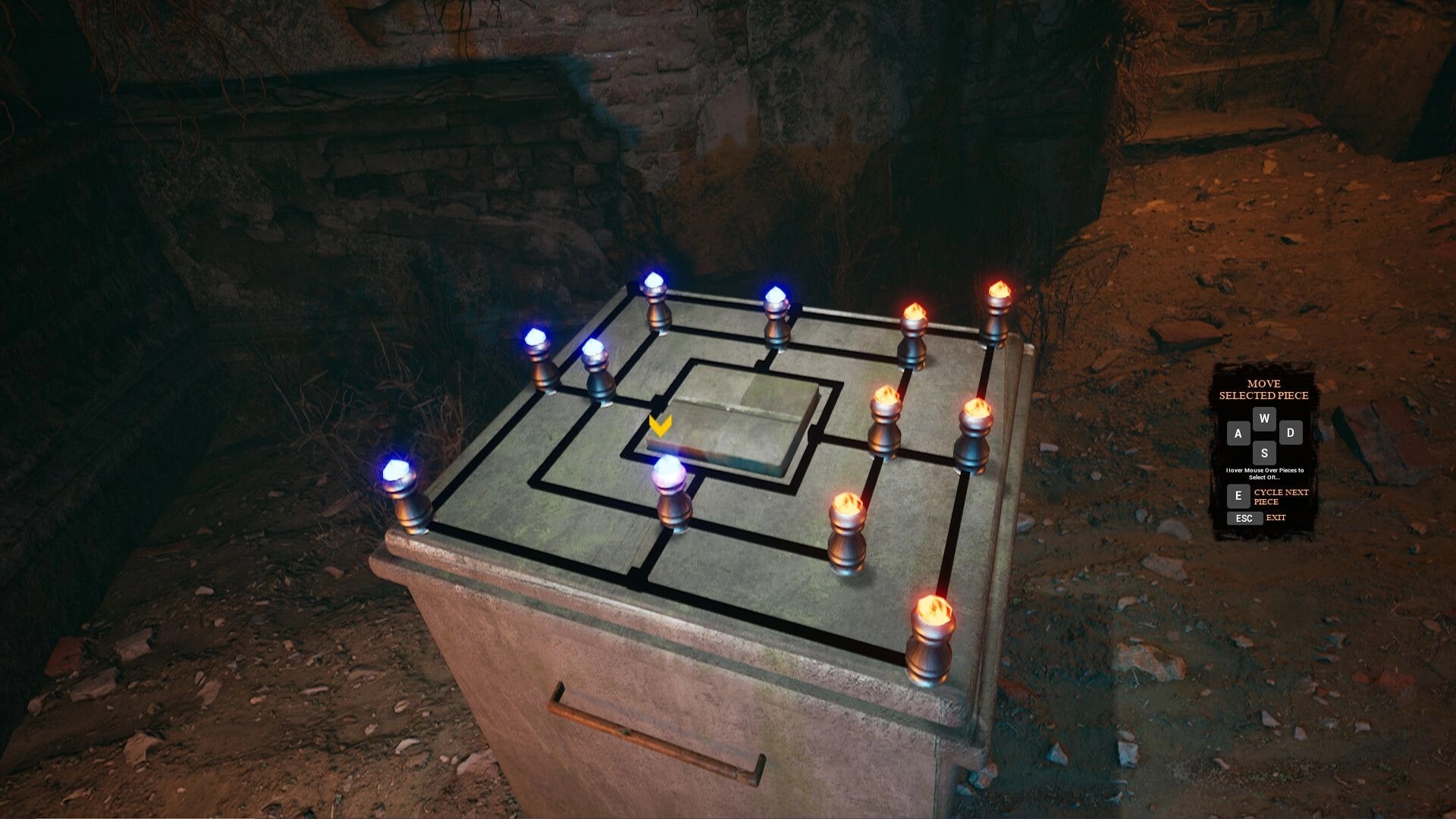 Edge Of Evil: Puzzle with glowing orbs on stone pedestal in dimly lit crypt environment