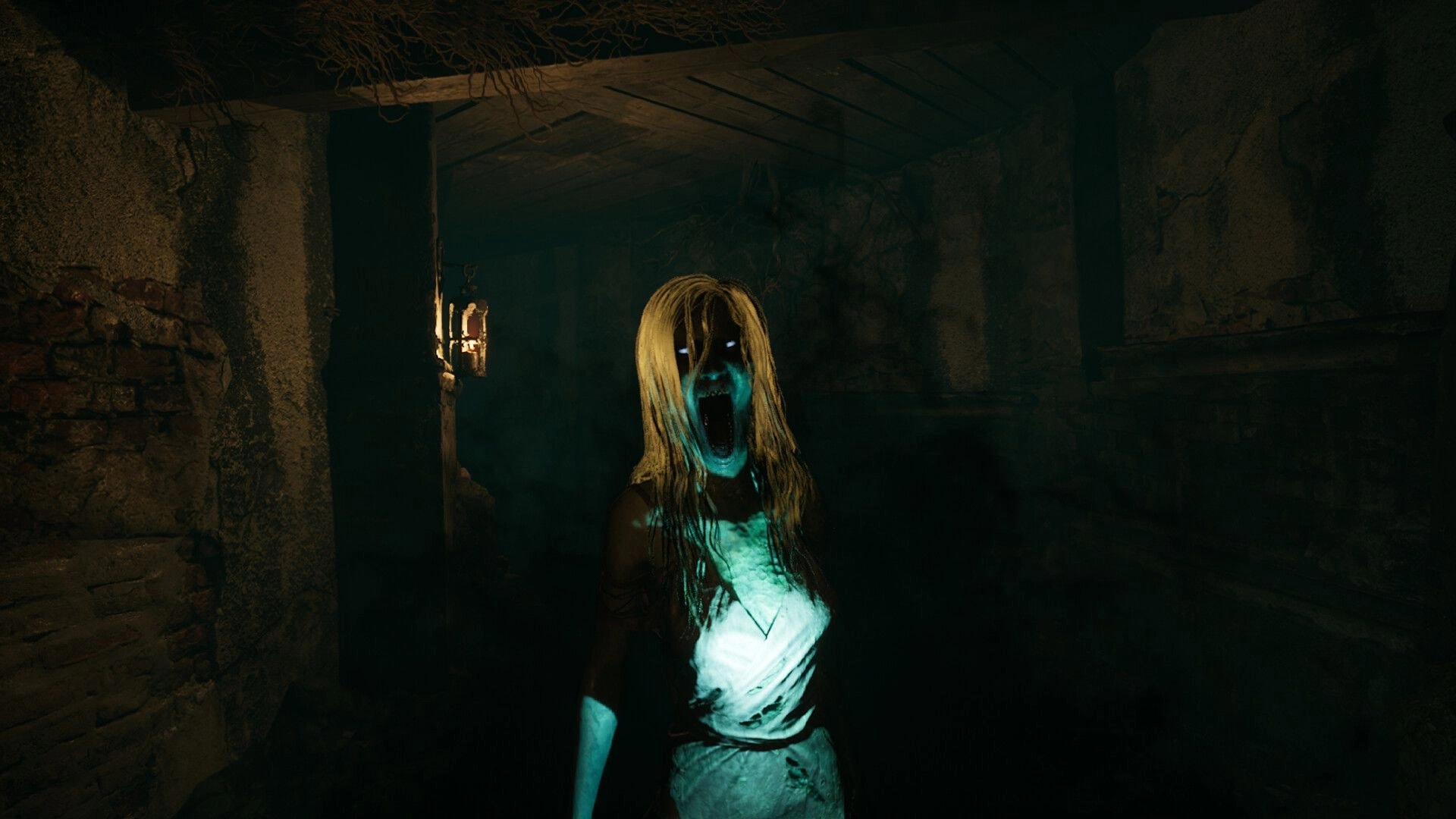 Edge Of Evil: Ghostly figure with glowing eyes in a dimly lit crypt corridor