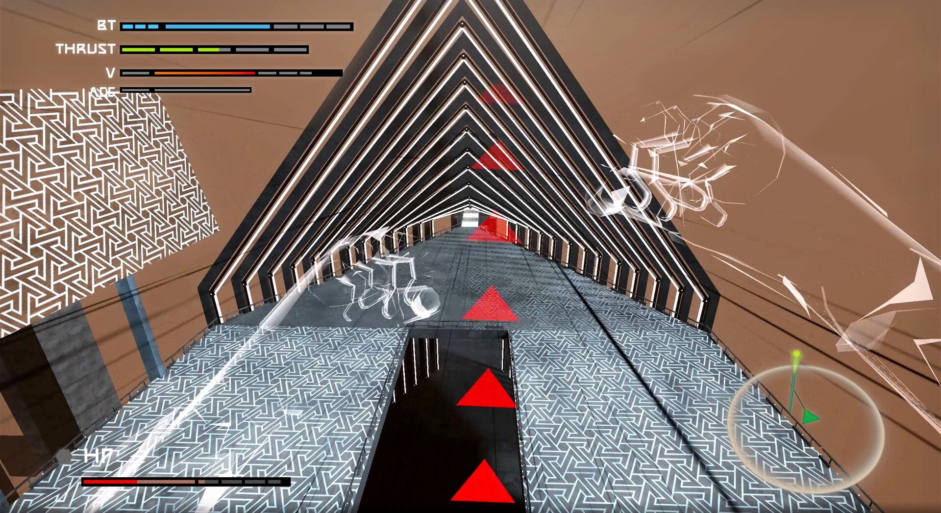 Ekholux: Sprinting along a patterned corridor with red arrow markers and BT/THRUST HUD in a tunnel.