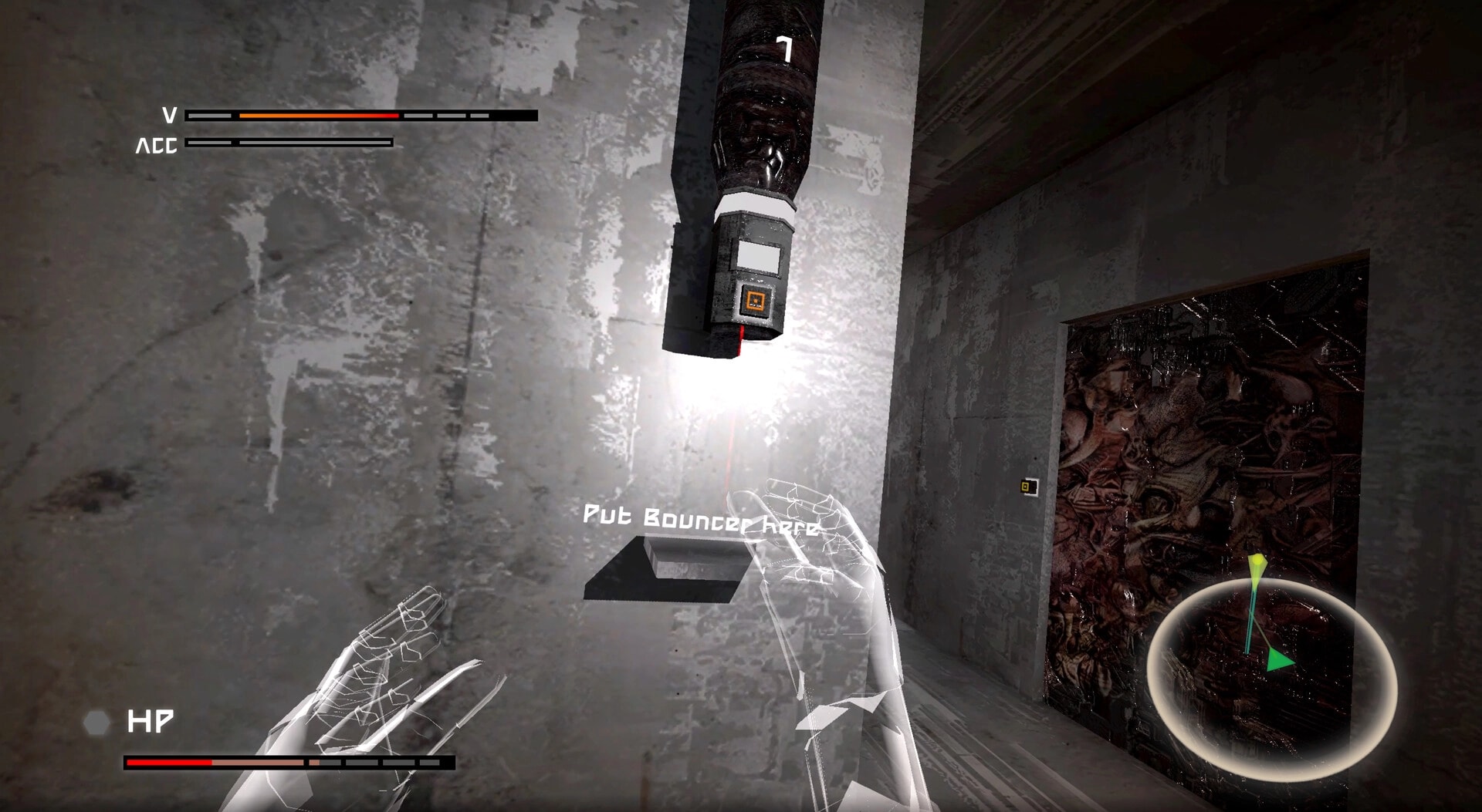 Ekholux: VR hands place a bounce pad on a wall in a concrete chamber, with HP and radar UI.