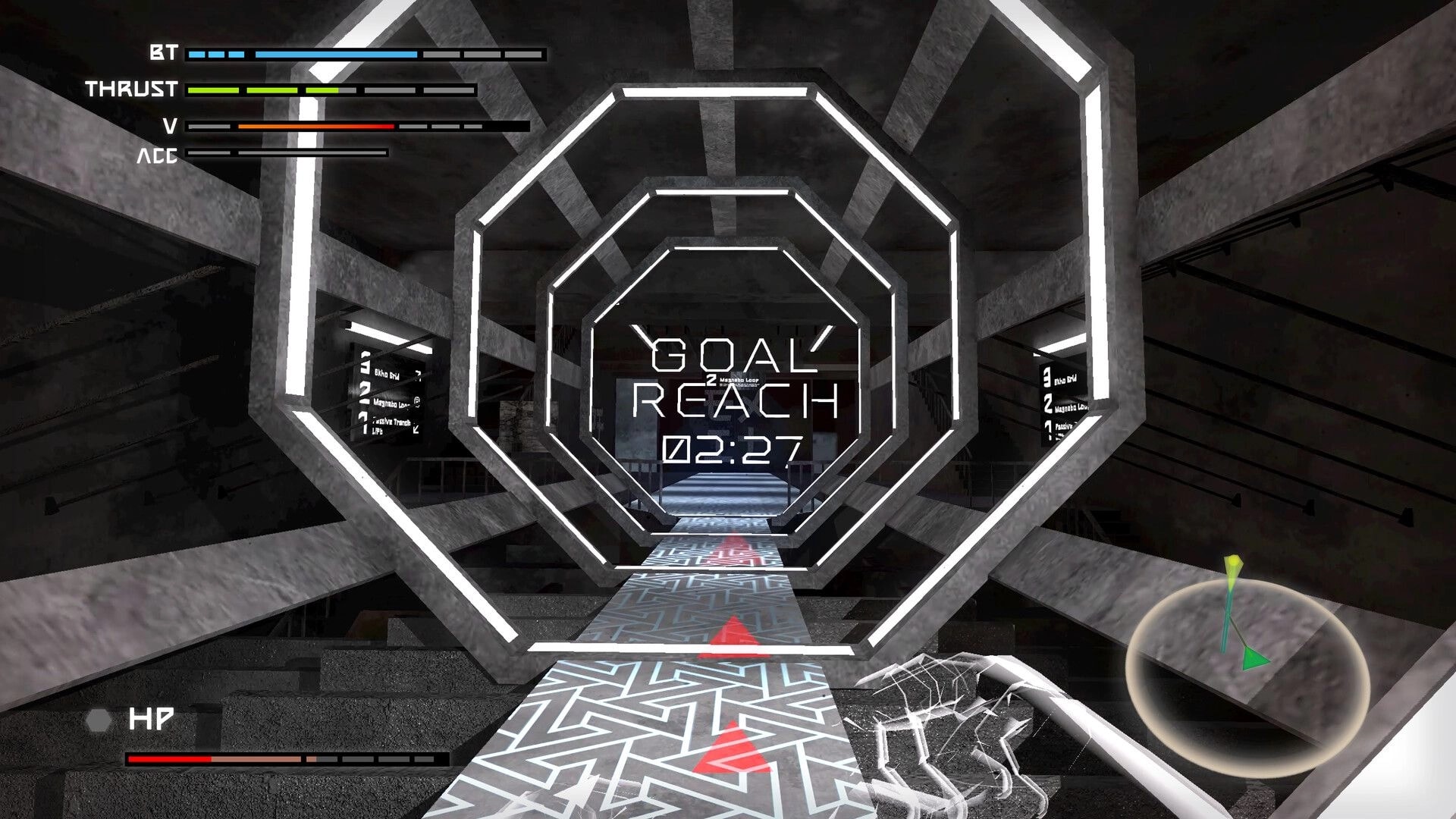 Ekholux: Sprint through neon octagonal tunnel toward GOAL REACH timer in industrial corridor HUD.