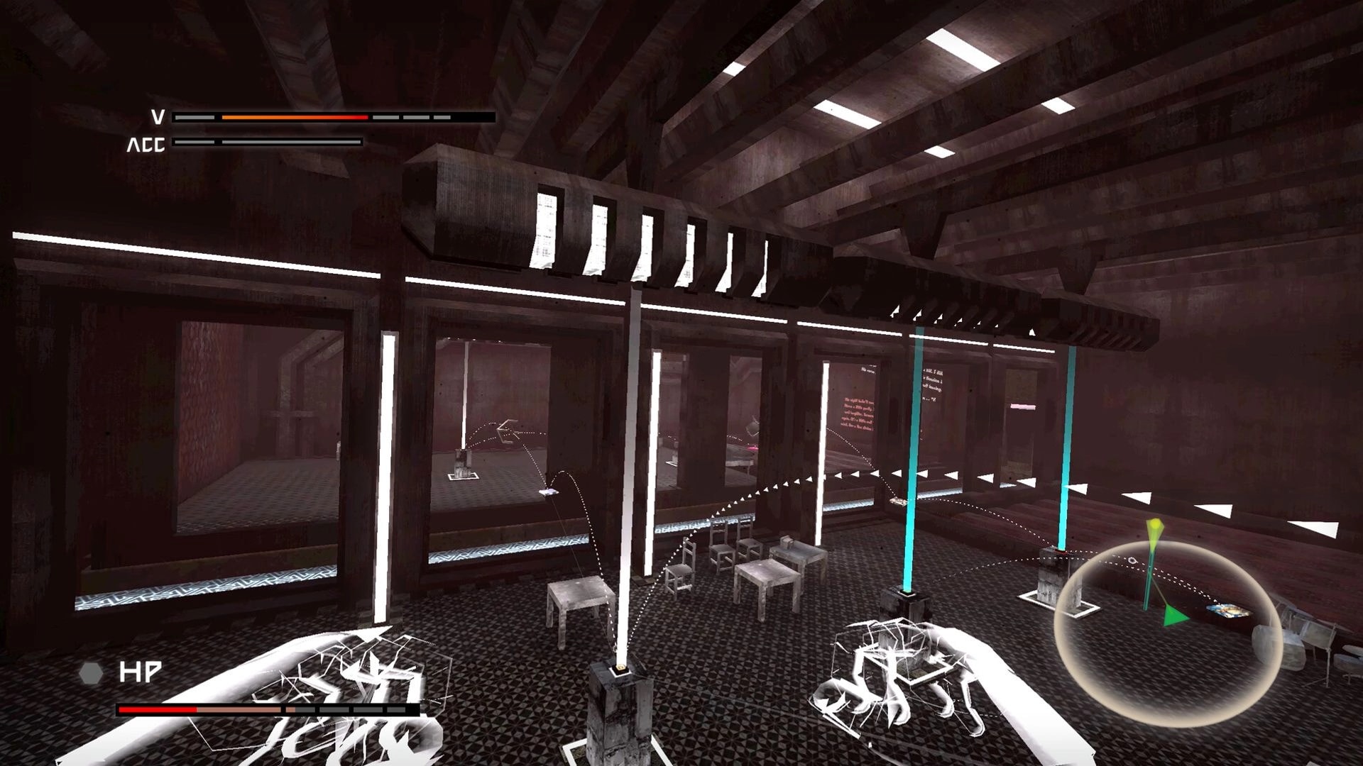 Ekholux: First-person view in dark industrial chamber with HP bars and VR hands over tables and beams.