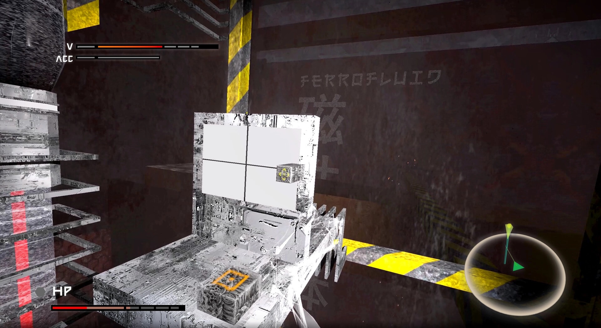 Ekholux: First-person view at a white panel puzzle platform in an industrial shaft with HP bars and radar UI.