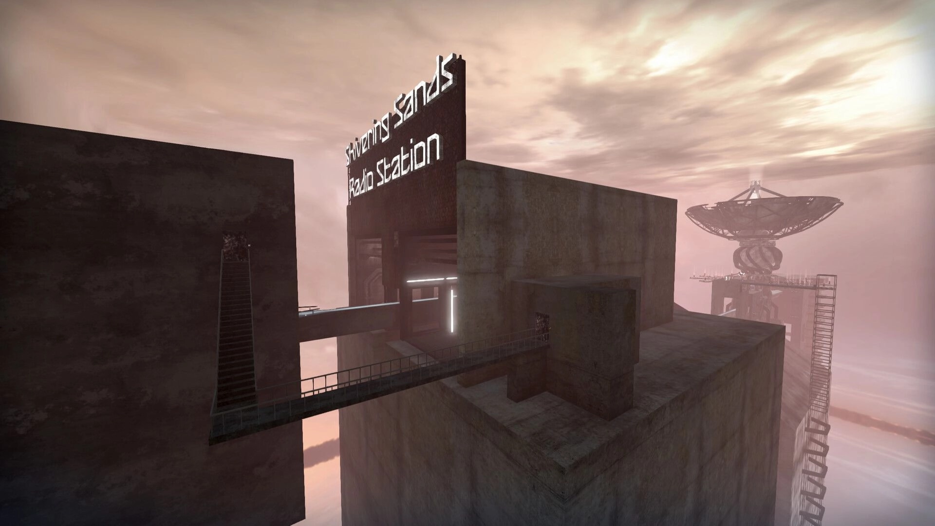 Ekholux: Concrete platforms and catwalks by a glowing "Skylamp Sands Radio Station" sign at dusk.