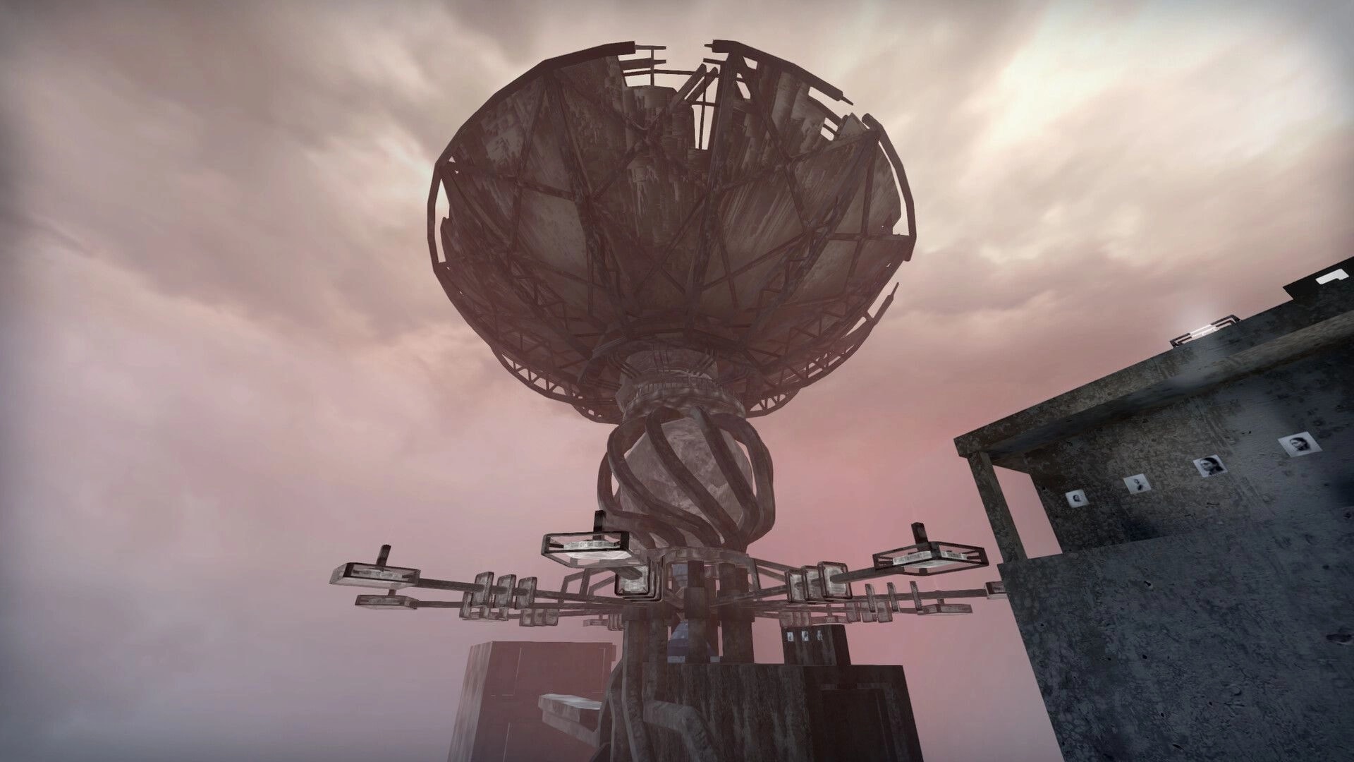 Ekholux: Looking up at a massive broken satellite dish tower above concrete platforms in foggy sky.
