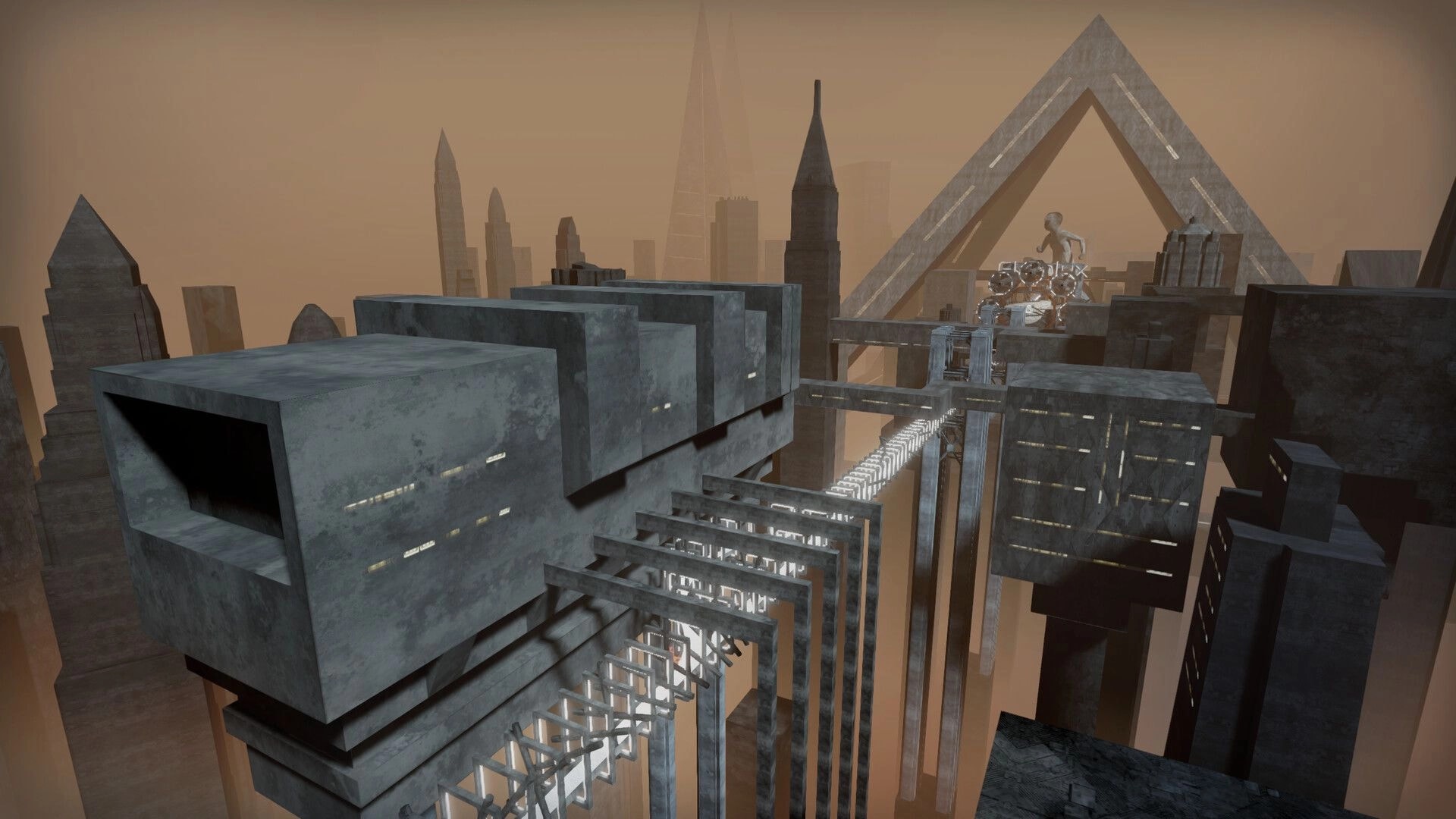 Ekholux: VR parkour route across metal bridges and platforms above a hazy futuristic skyline.