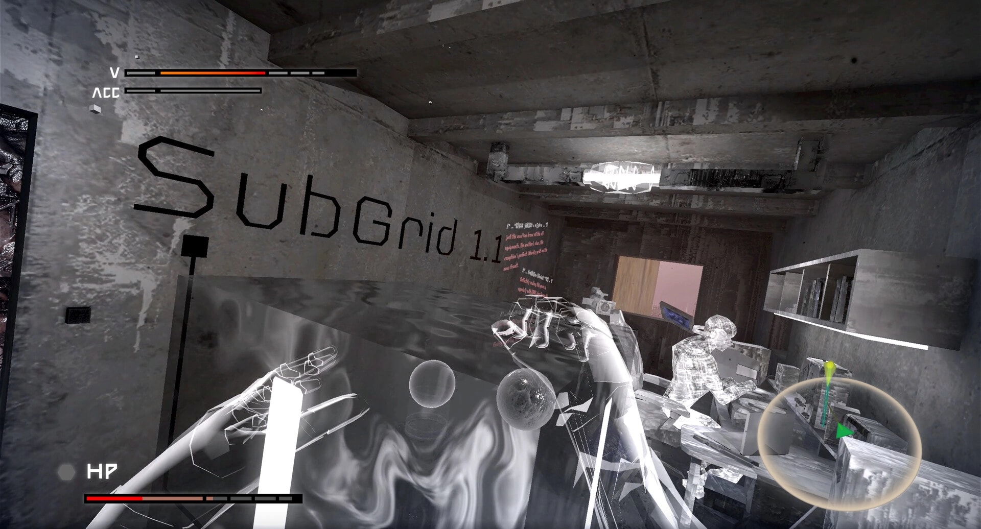 Ekholux: First-person VR hands reach over a rippling cube in a concrete room labeled SubGrid 1.1.