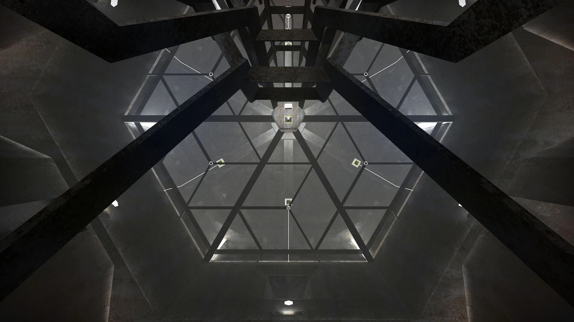Ekholux: Looking down a geometric chamber with floating platforms and marked nodes on glass walls.