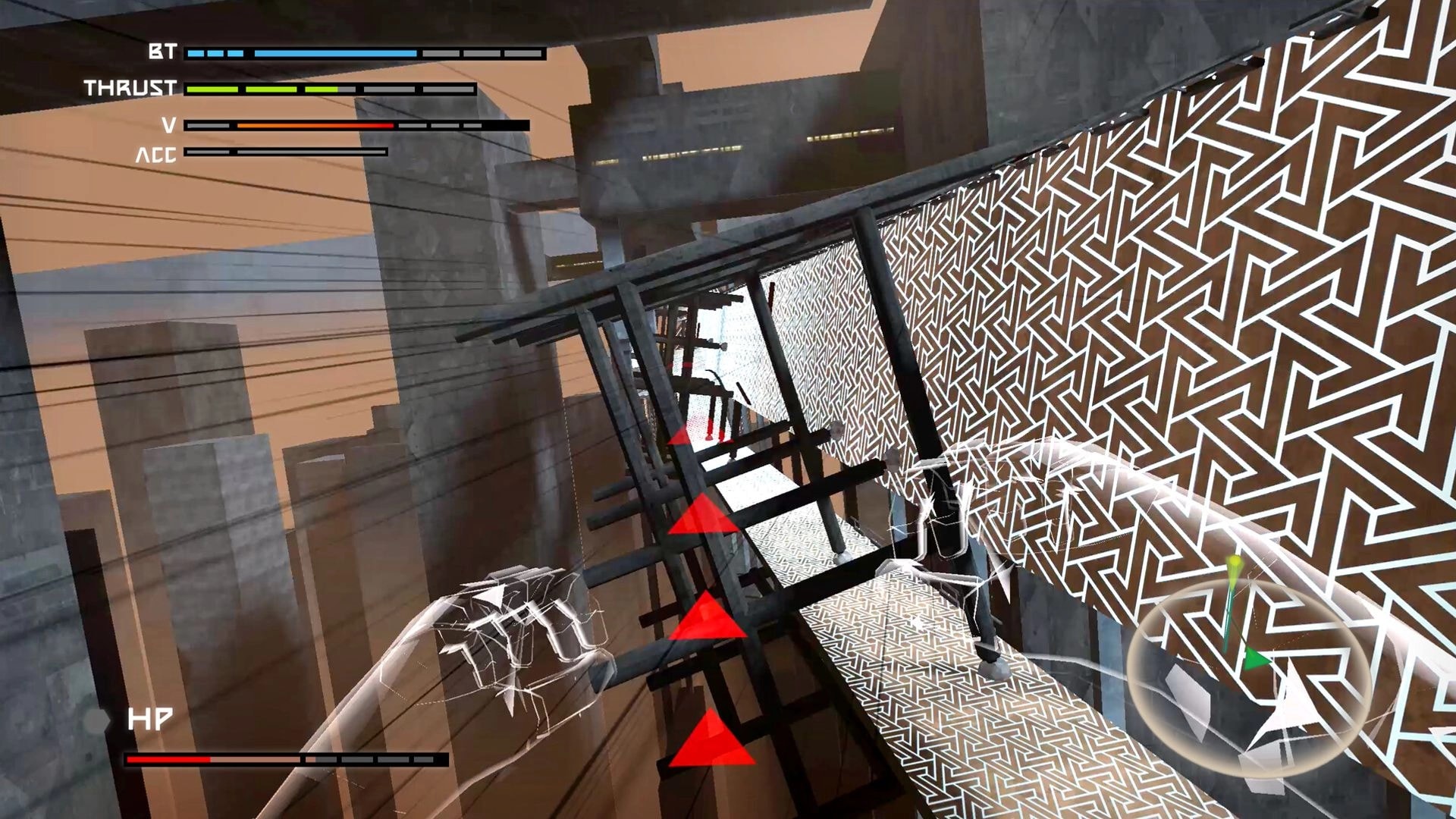 Ekholux: VR parkour sprint on narrow scaffold ramp with HUD bars and red hazard arrows in megastructure canyon.