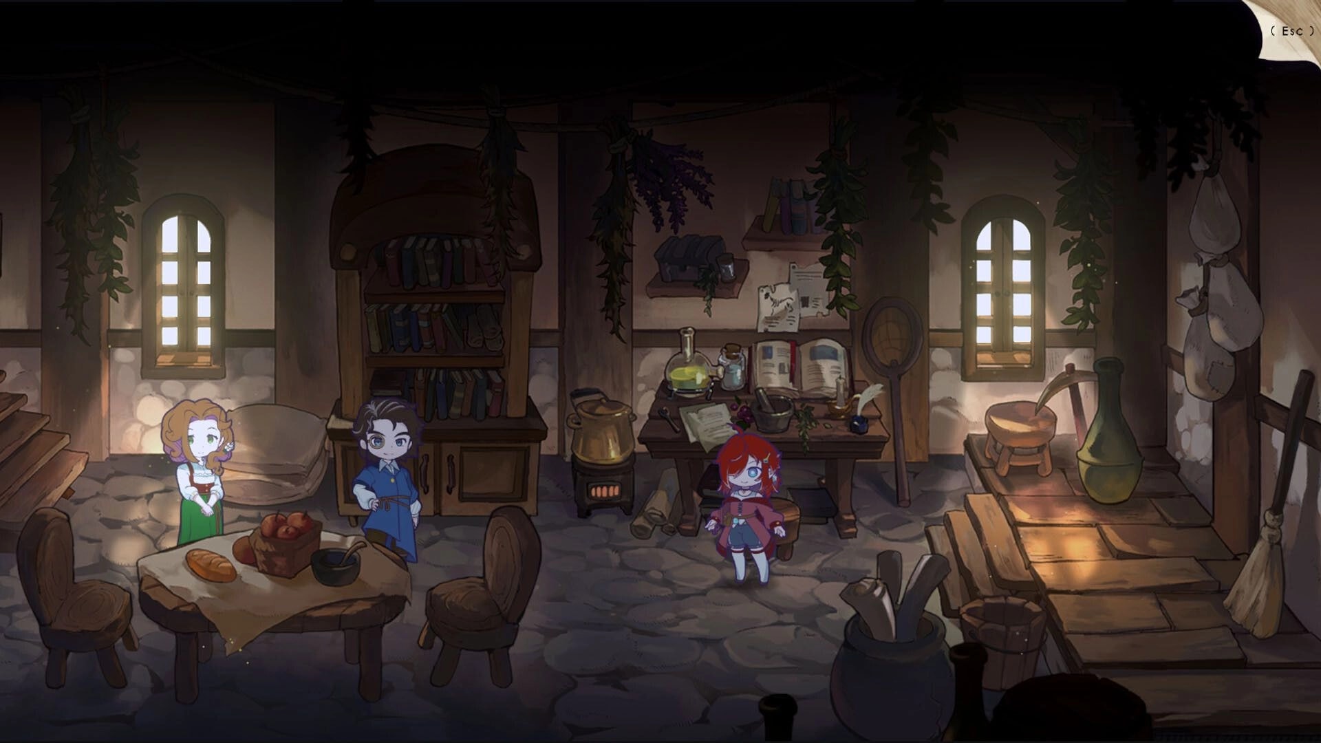 Elixir of Moonglow: Ella, Umbra, and another character in a cozy alchemist's cottage filled with tools.