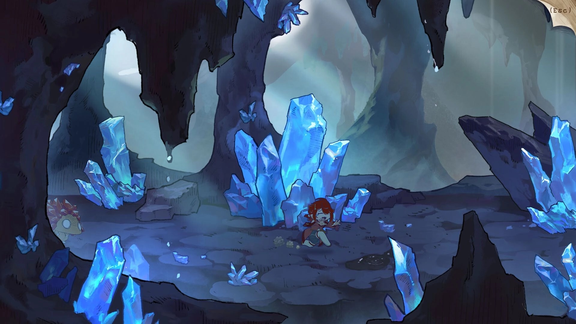 Elixir of Moonglow: Ella explores a crystal-filled cave with glowing blue formations and mysterious shadows.