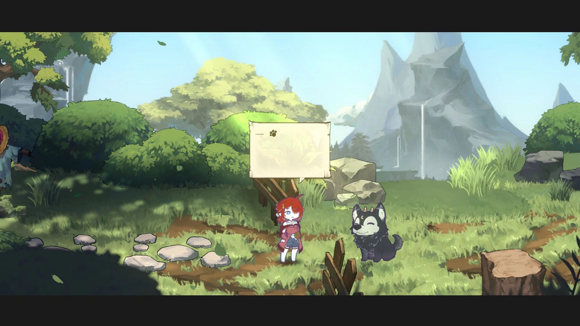 Elixir of Moonglow: Ella and Umbra explore lush forest clearing with dialogue box above them