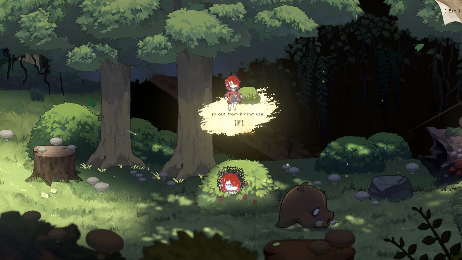 Elixir of Moonglow: Ella hides in a bush near a tree, prompt displays to exit hiding in forest setting.