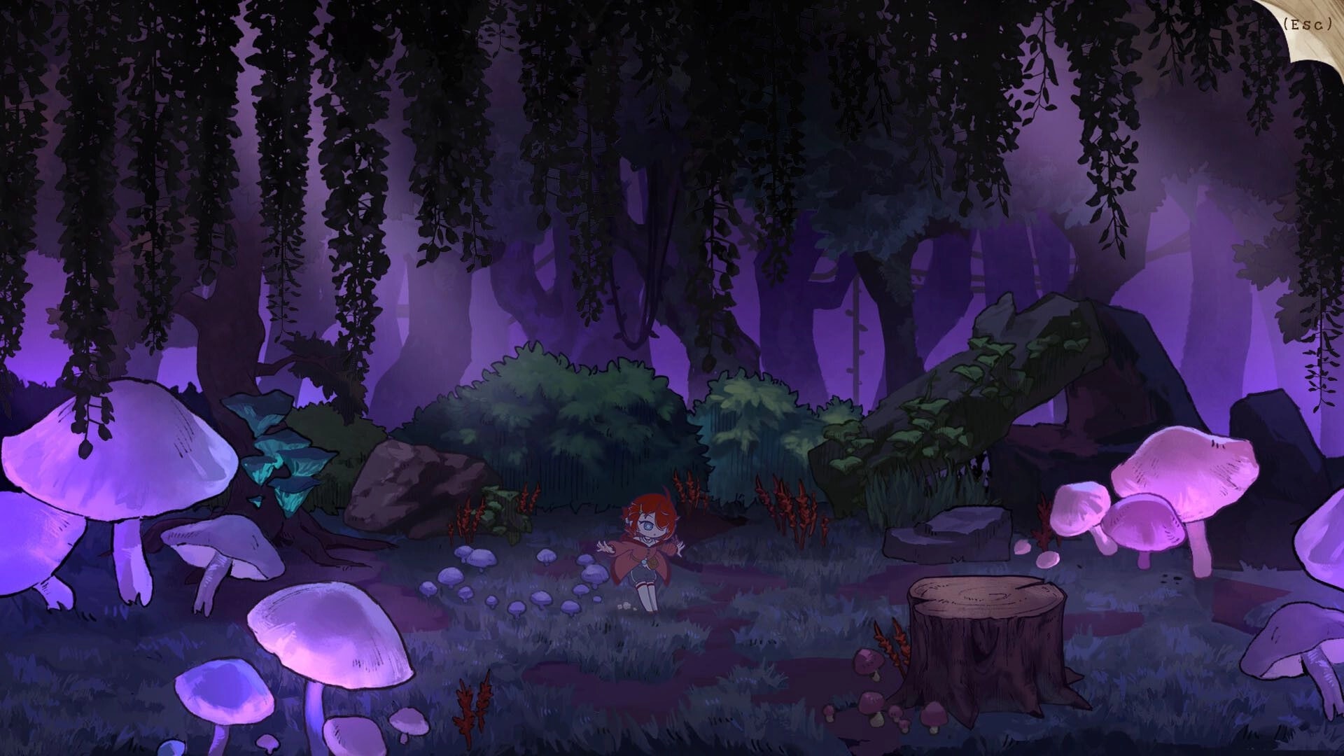 Elixir of Moonglow: Ella exploring a mystical forest with glowing mushrooms and dense foliage