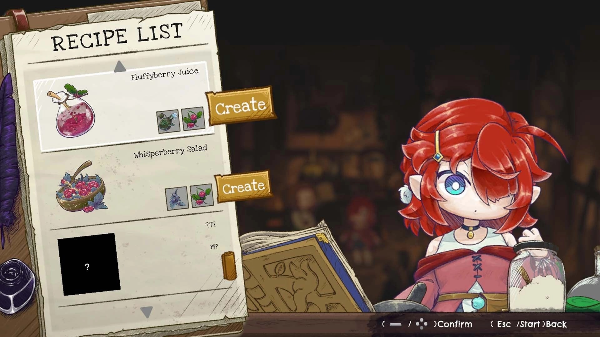 Elixir of Moonglow: Ella reviews recipe list with Fluffyberry Juice and Whisperberry Salad in cozy lab.