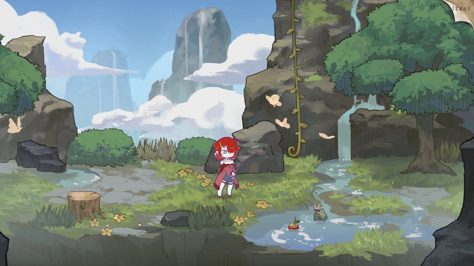 Elixir of Moonglow: Ella fishing in a serene forest clearing with butterflies and a small waterfall nearby.