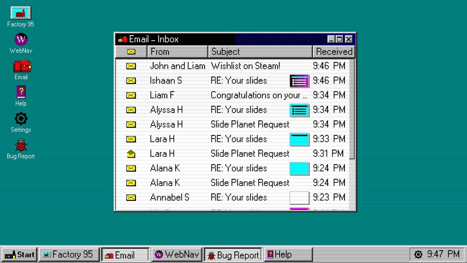 Factory 95: Email inbox interface with multiple slide-related messages in retro desktop environment