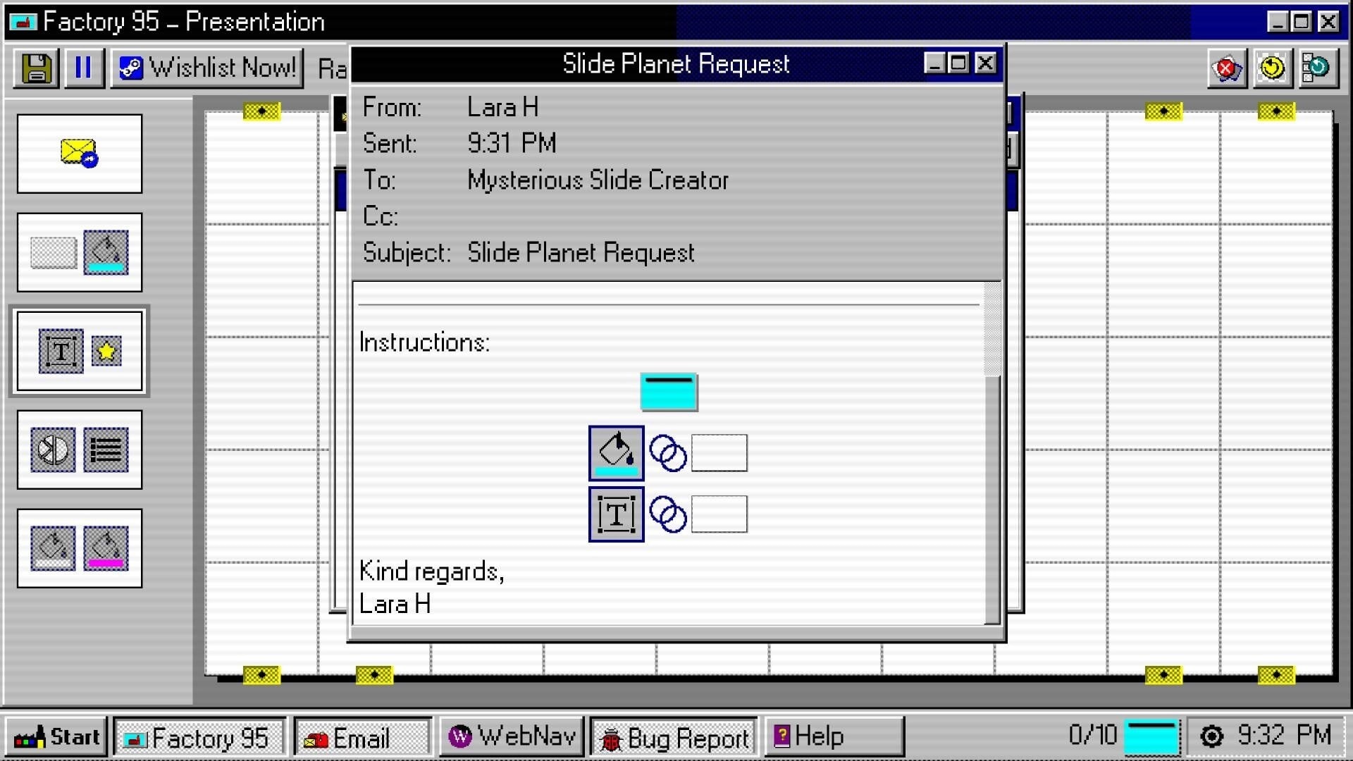 Factory 95: Email interface from Lara H with slide design tools in a retro Windows environment
