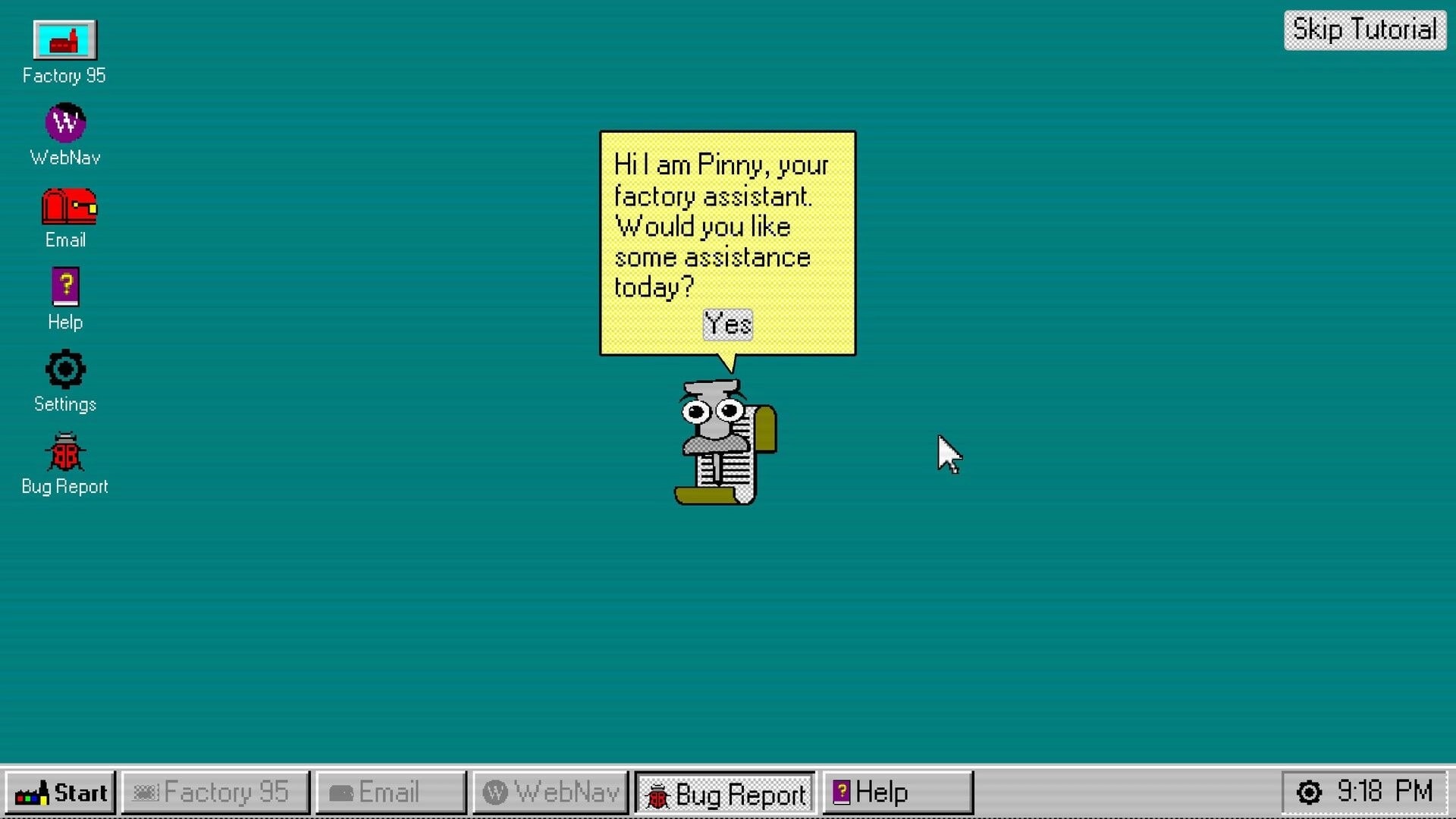 Factory 95: Pinny the assistant offers help on retro desktop with icons for WebNav, Email, and more