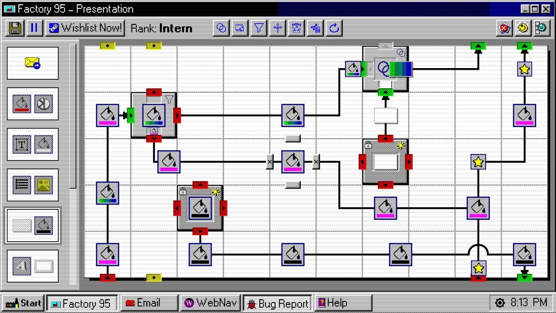 Factory 95: Flowchart grid with interconnected nodes and toolbar options in retro Windows interface