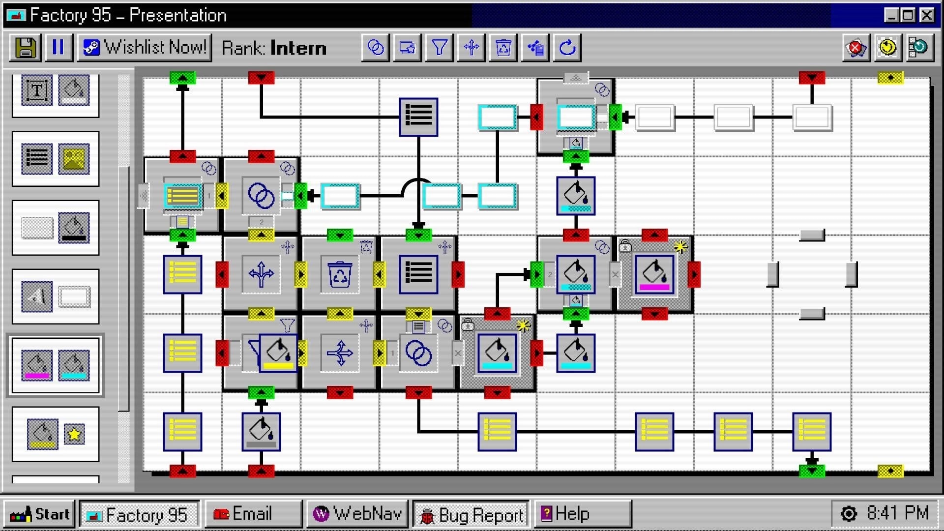 Factory 95: Complex flowchart of automation processes in a retro Windows-inspired interface