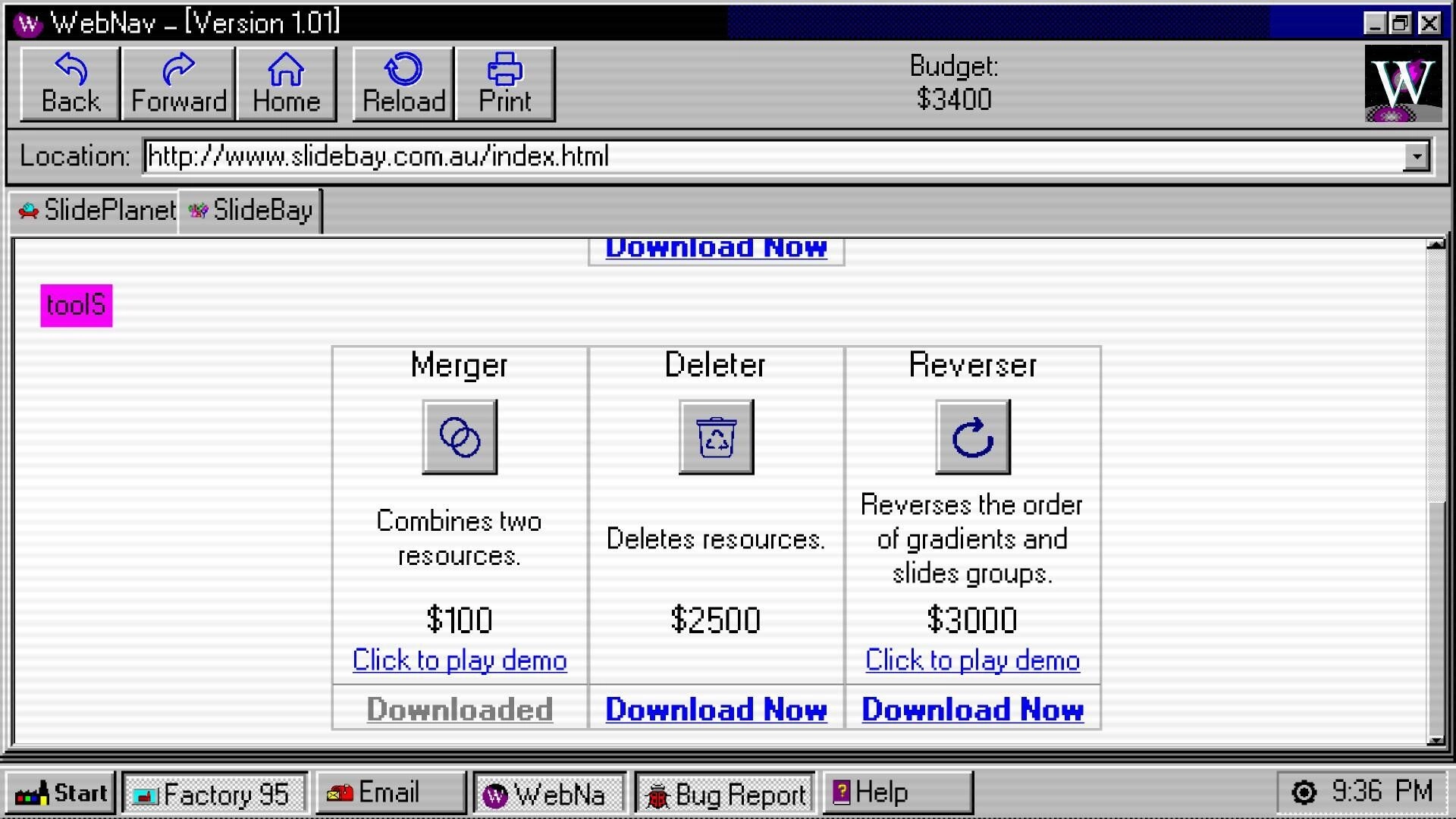 Factory 95: WebNav interface with Merger, Deleter, Reverser tools displayed in a retro browser setting.