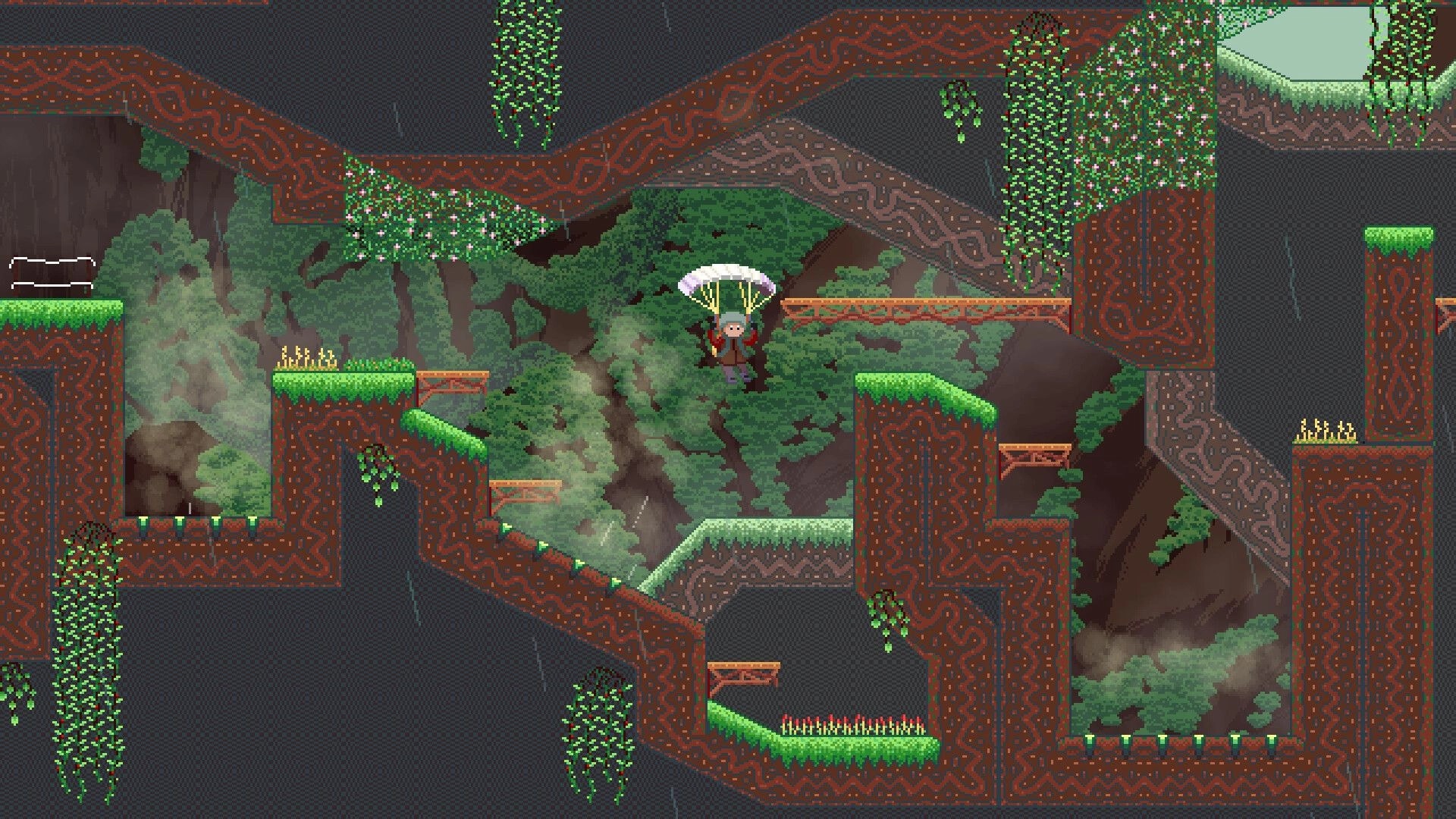 Failed Falling: Parachuting character drifts through rainy cavern platforms with spikes and vines on walls.
