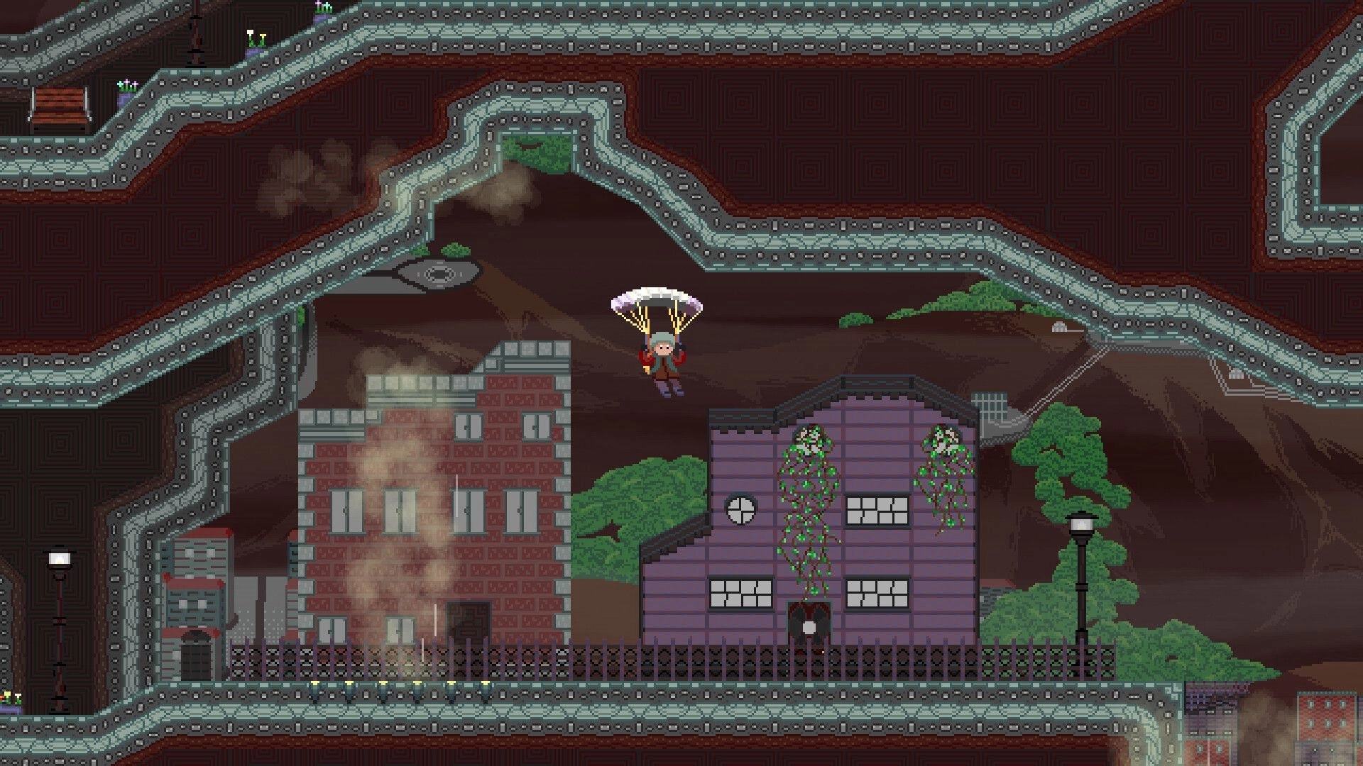 Failed Falling: Parachuting character drifts above rooftops and fences in a rocky volcano town level.