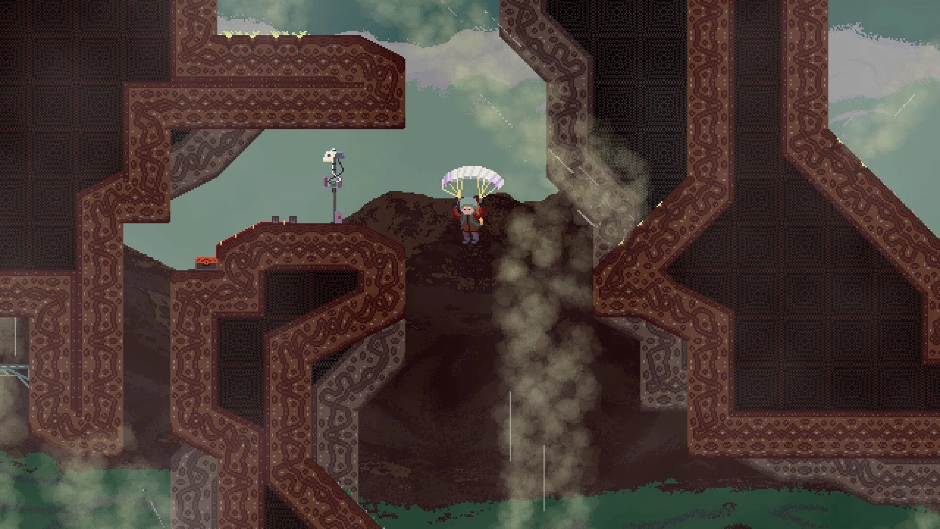 Failed Falling: Parachuting character drifts through narrow rocky tunnels beside a smoky vent in rain.