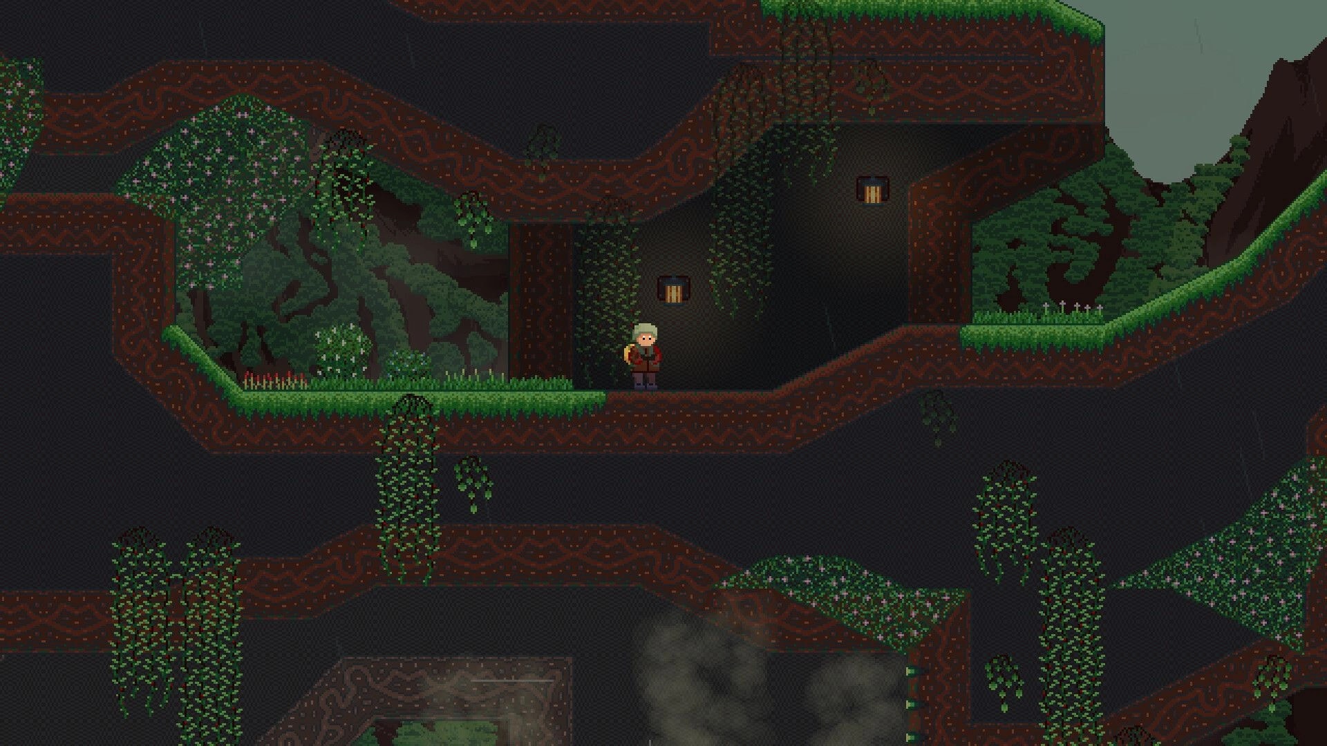 Failed Falling: Pixel adventurer stands on grassy ledge in rocky tunnel with vines and small windows.