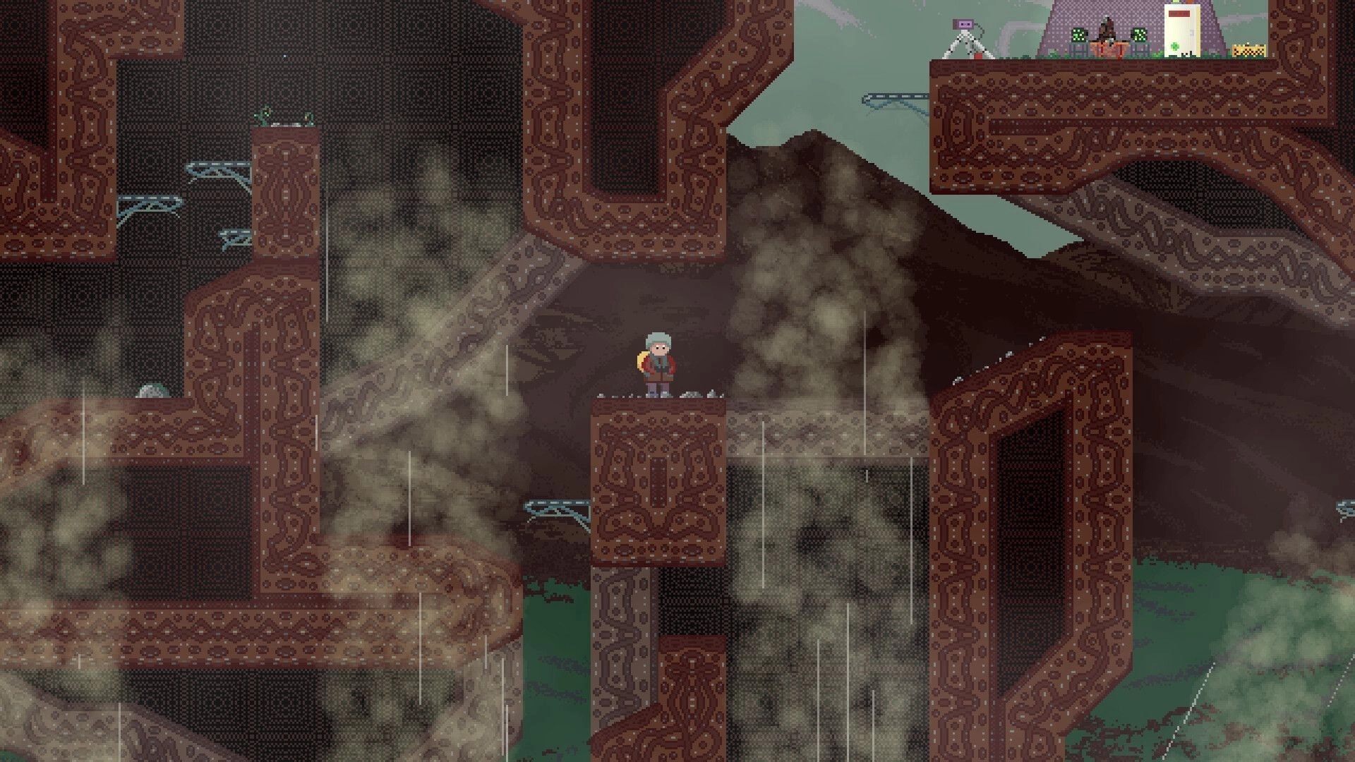 Failed Falling: Parachute explorer stands on a ledge amid smoky volcano caverns and wind platforms.