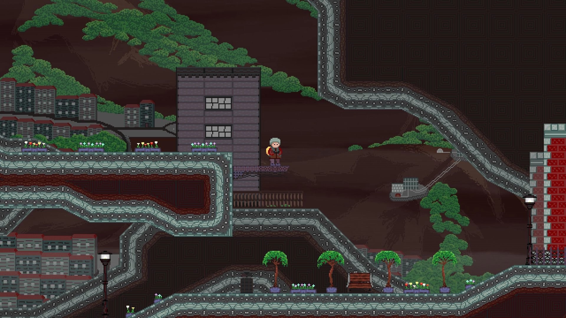 Failed Falling: Parachute-wearing character stands on ledge by tall building in winding rocky tunnels.