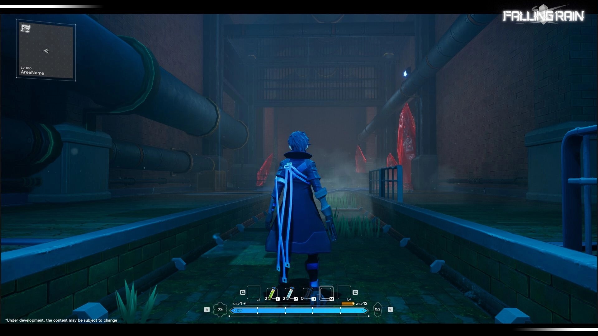 Falling Rain: Blue-haired hero explores a foggy sewer corridor with pipes, red crystals, and HUD bars.