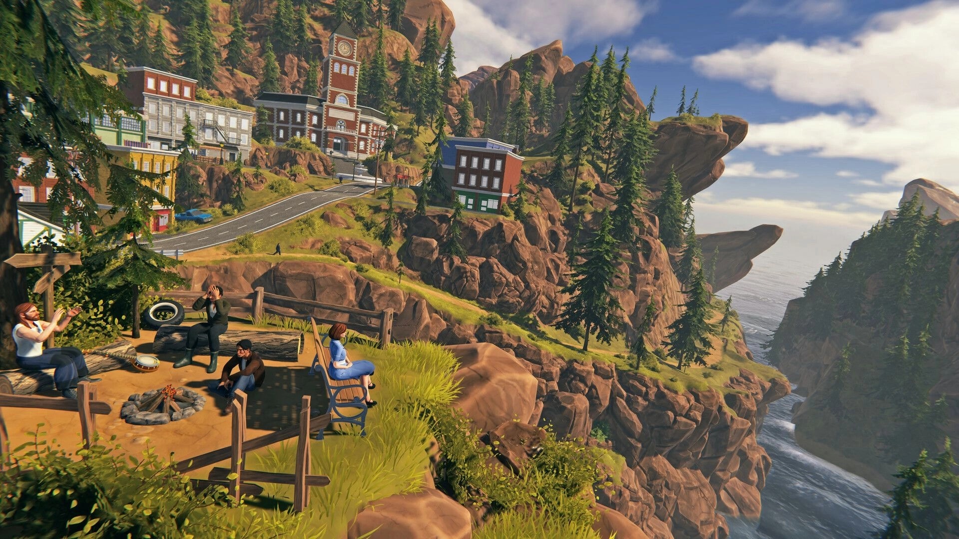Farmbotic: Villagers gather around a campfire overlook beside cliffside road and mountain town skyline.
