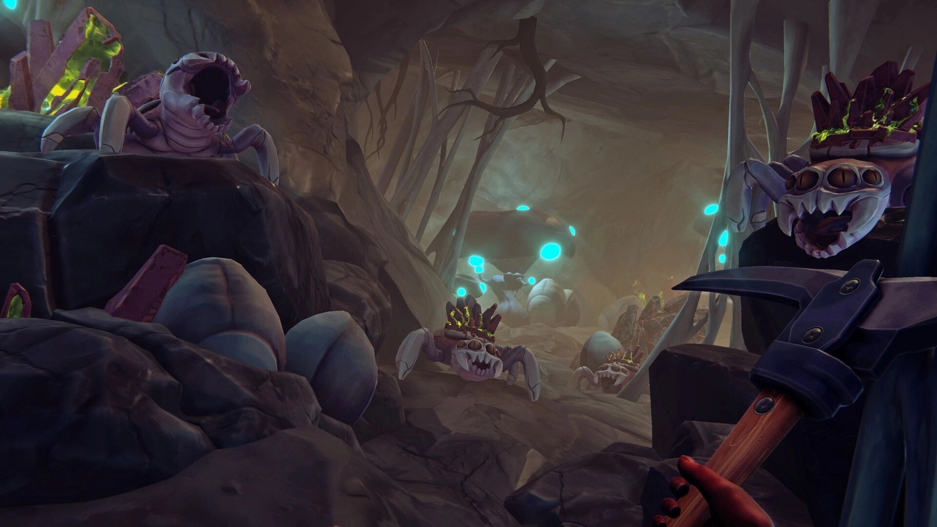 Farmbotic: First-person pickaxe ready as spider creatures swarm through a glowing crystal cave tunnel.
