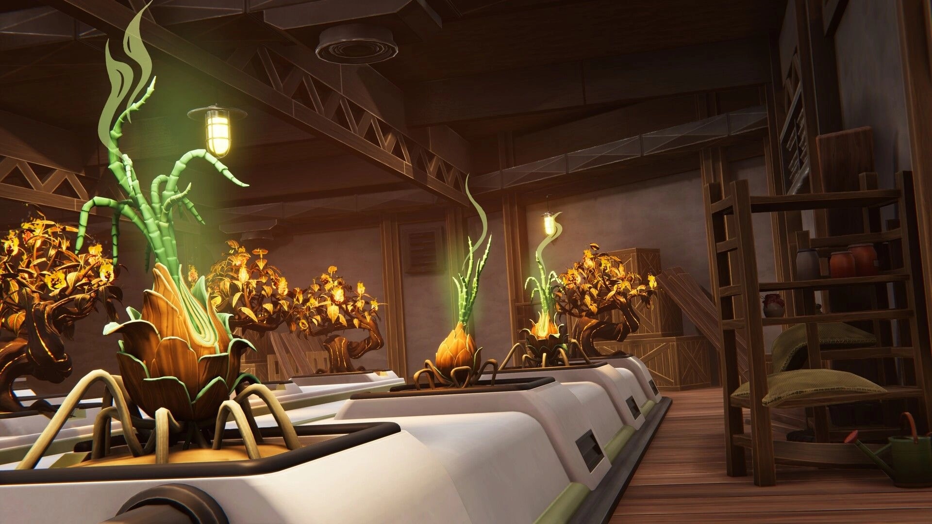 Farmbotic: Indoor hydroponic grow beds with alien crops in a wooden shed lit by hanging lamps.