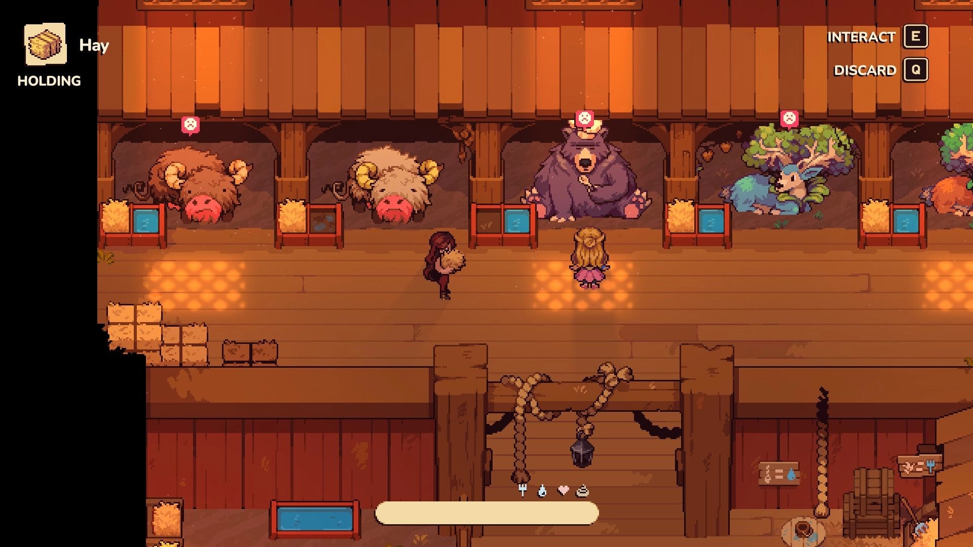 Farming Camp: Player holds hay in a barn aisle facing animal stalls, with Interact and Discard prompts.