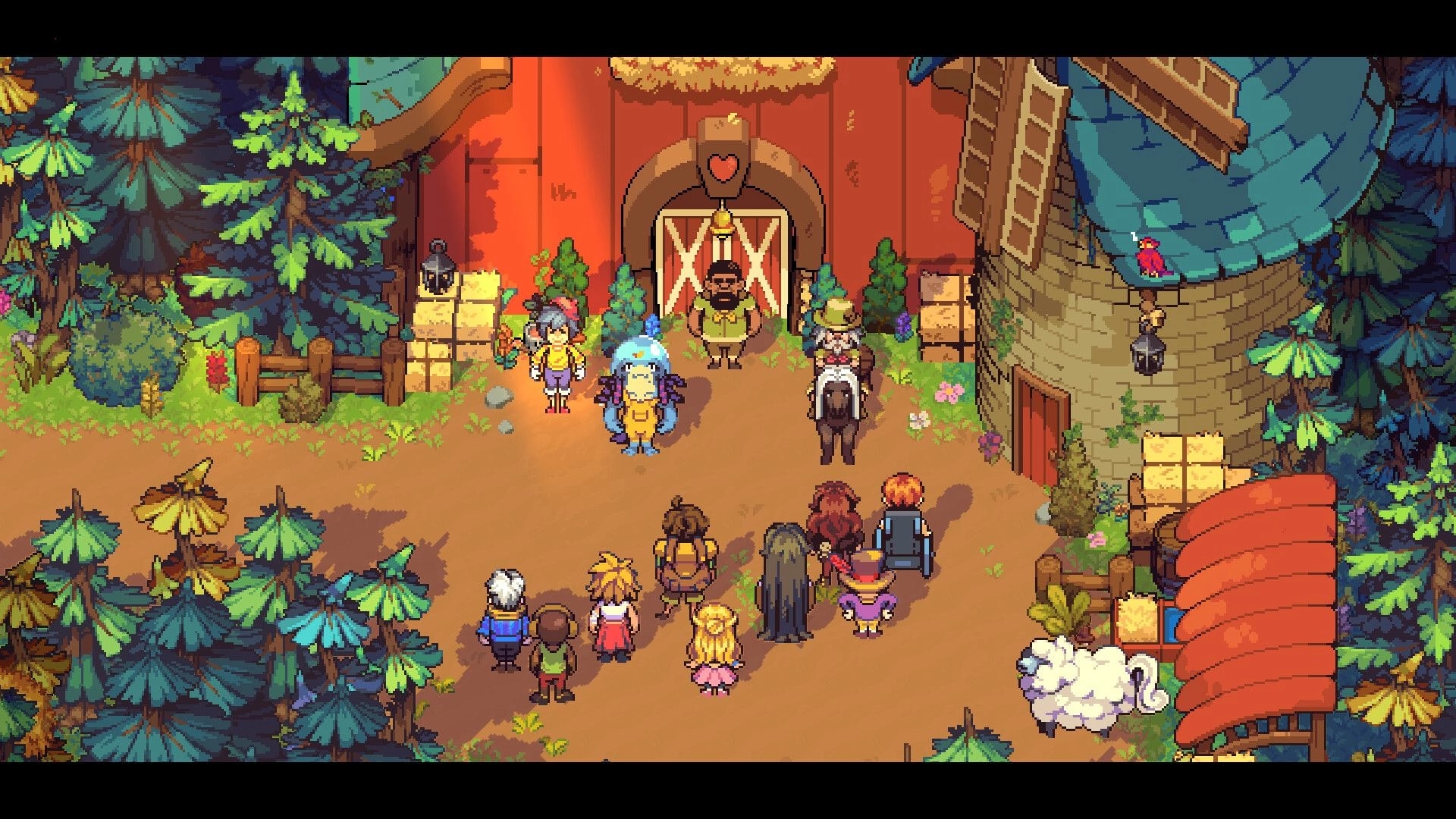 Farming Camp: Campers gather before a barn entrance beside a windmill, surrounded by forest paths.