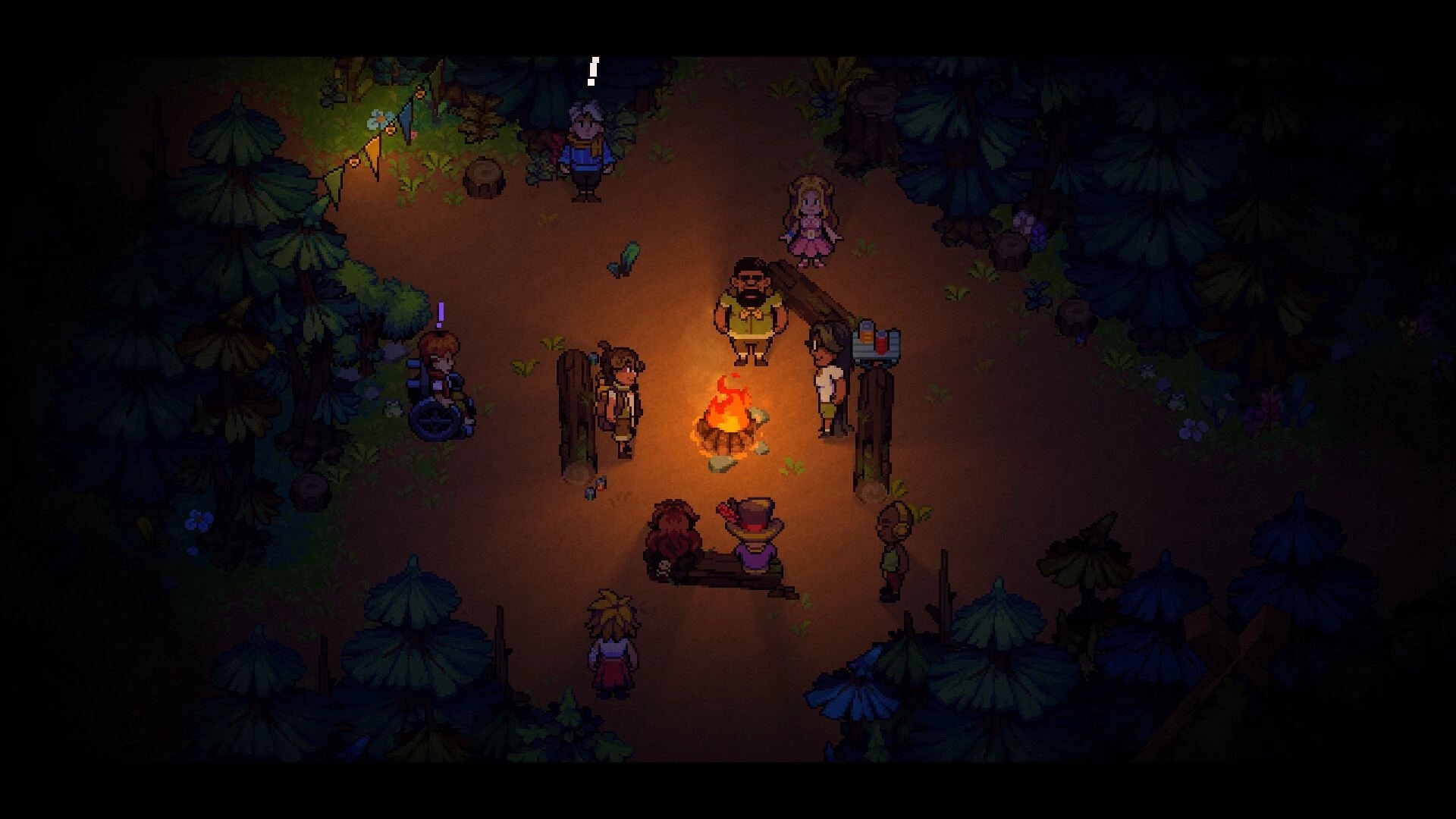 Farming Camp: Campers gathered around a lit campfire at night in a forest clearing with benches and tents.